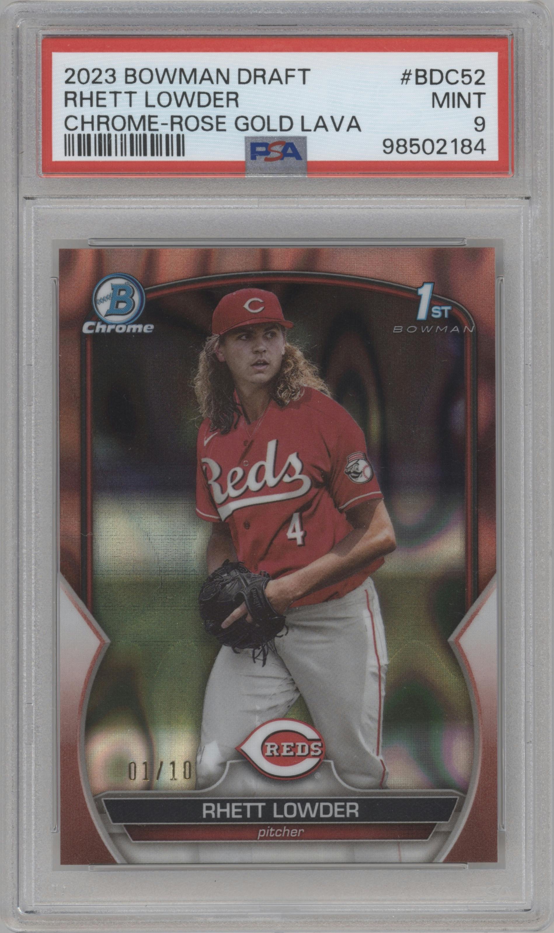 Rhett Lowder from the 2023 Bowman Draft set featuring a Rose Gold Lava Refractor parallel graded by PSA and given an overall grade of 9.