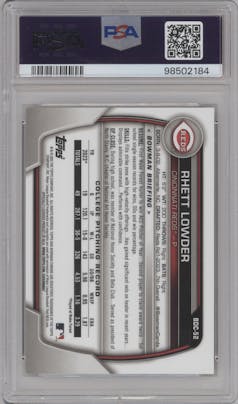 Rhett Lowder from the 2023 Bowman Draft set featuring a Rose Gold Lava Refractor parallel graded by PSA and given an overall grade of 9.