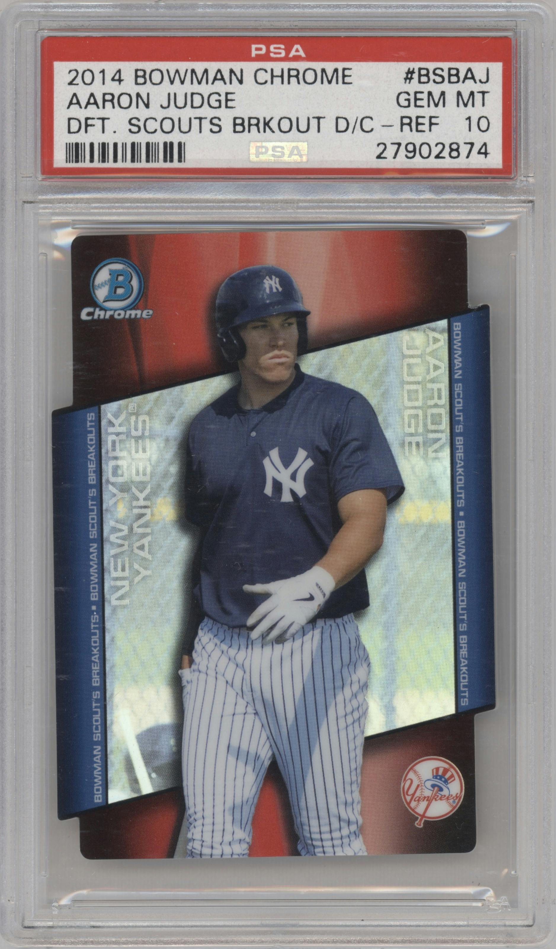 Aaron Judge from the 2014 Bowman Draft  set featuring a Die-Cut Refractor parallel graded by PSA and given an overall grade of 10.