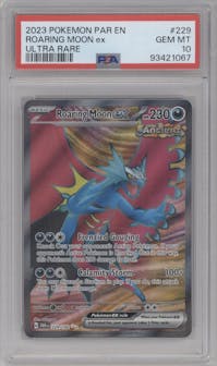 Roaring Moon ex from the 2023 Pokemon SV set graded by PSA and given an overall grade of 10.