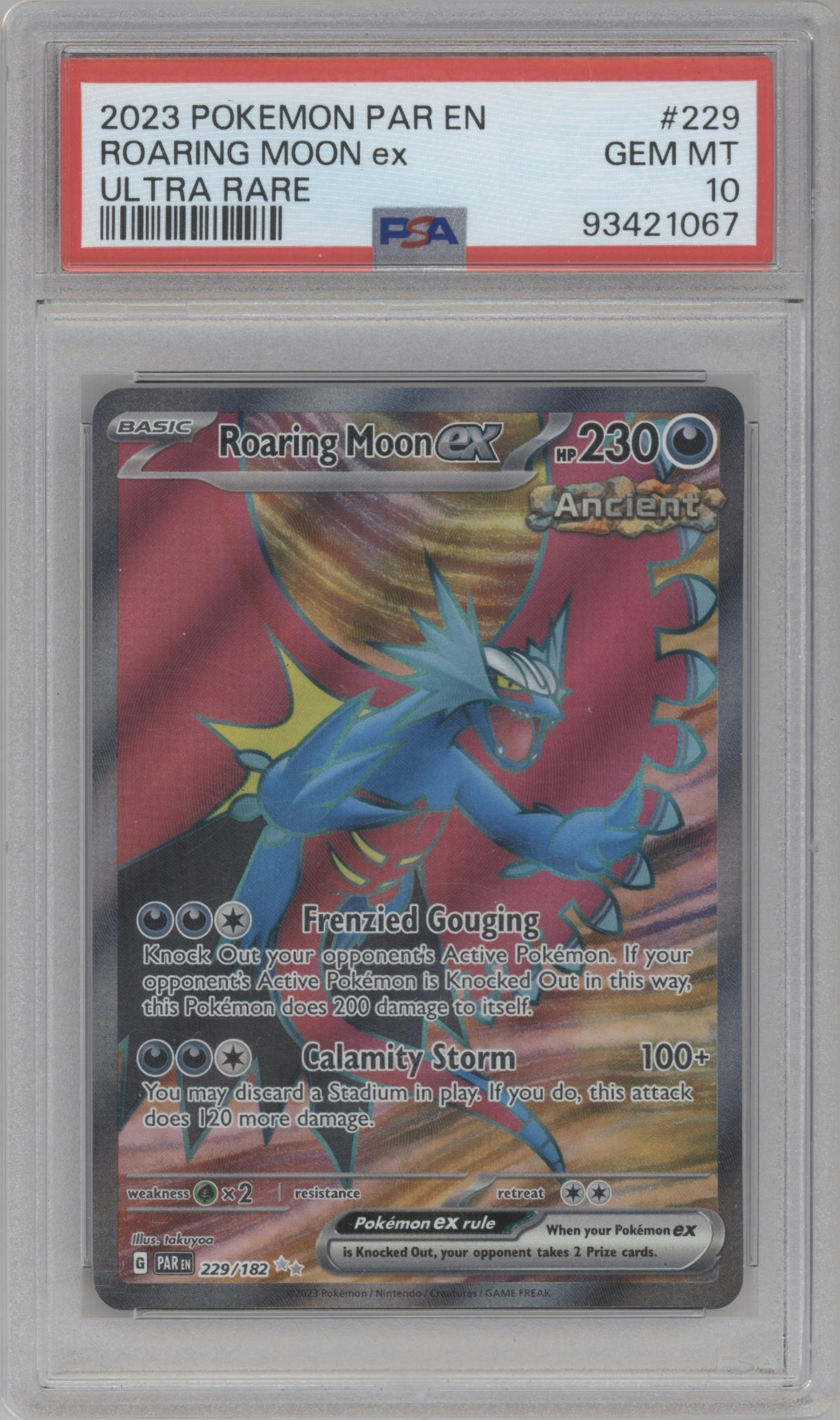 Roaring Moon ex from the 2023 Pokemon SV set graded by PSA and given an overall grade of 10.