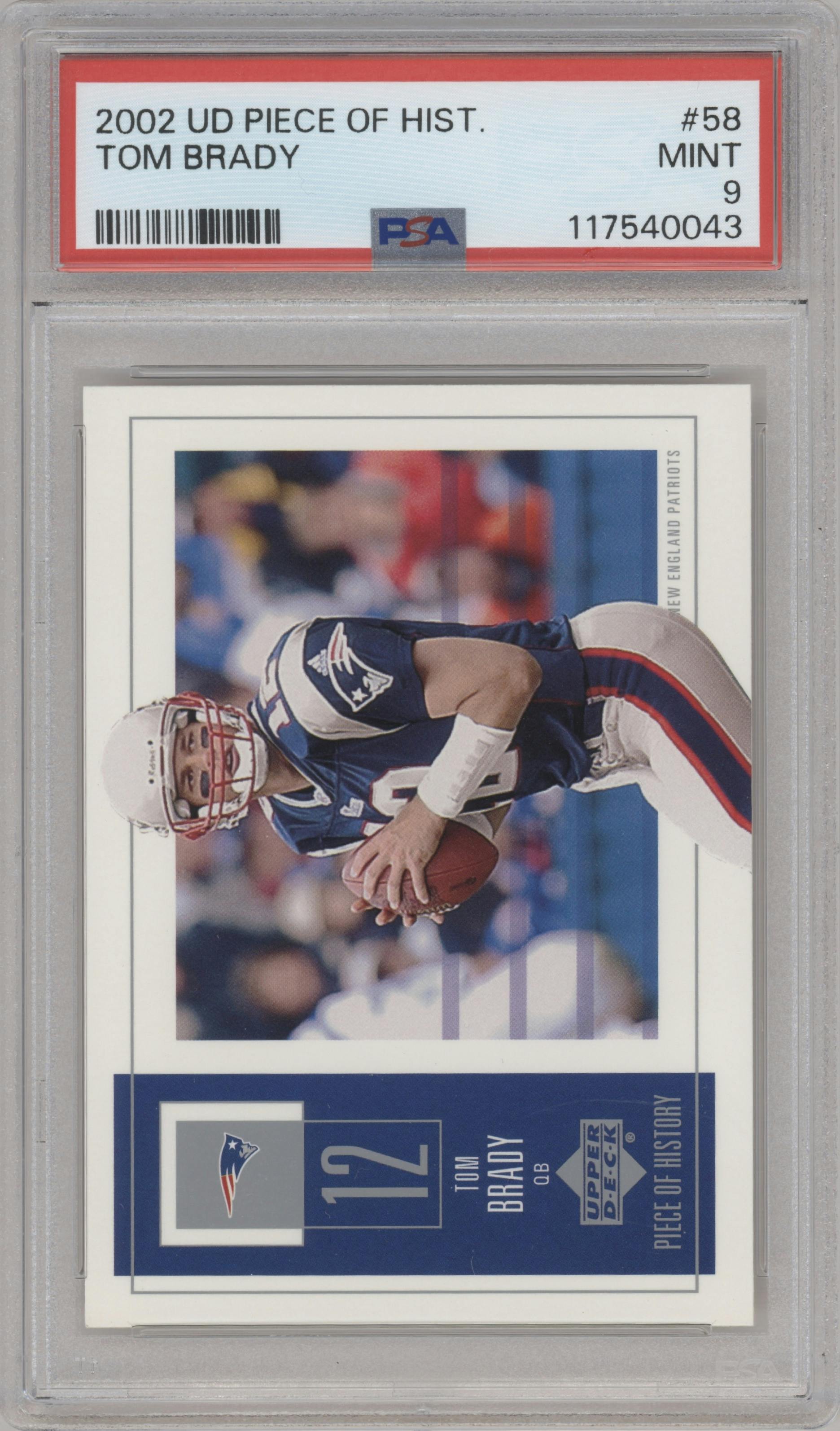 Tom Brady from the 2002 Upper Deck Piece of History set graded by PSA and given an overall grade of 9.