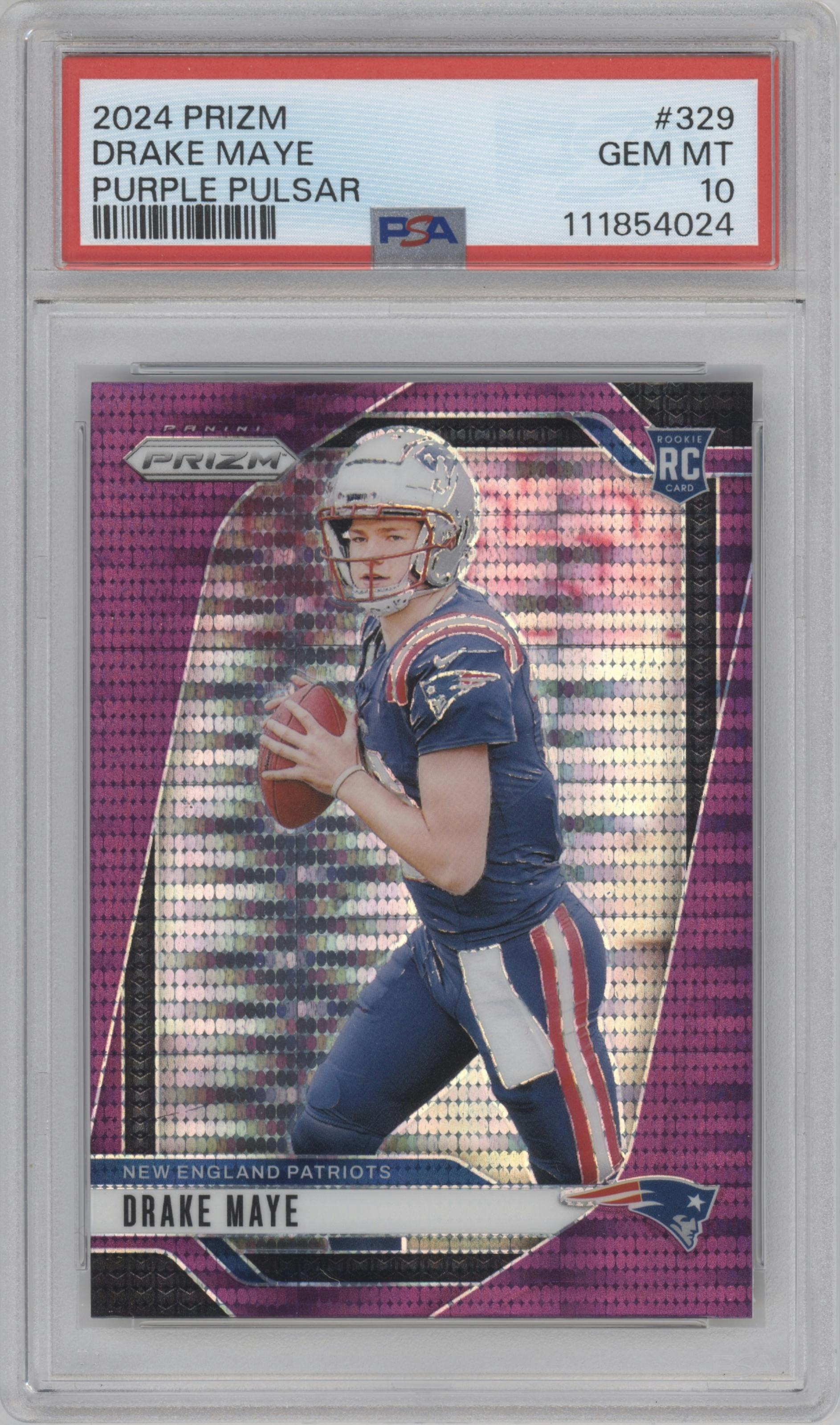 Drake Maye from the 2024 Panini Prizm set featuring a Purple Pulsar parallel graded by PSA and given an overall grade of 10.