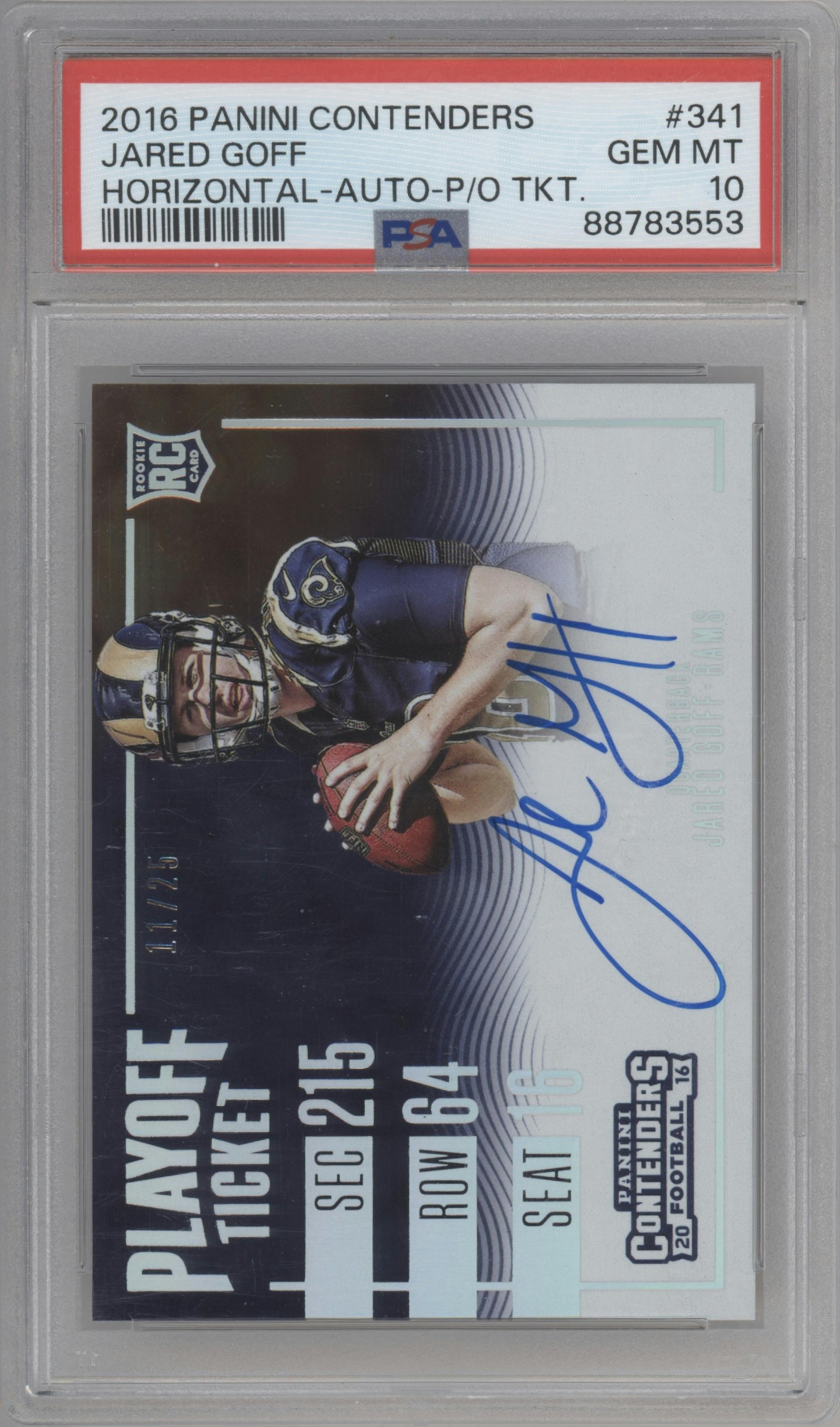 Jared Goff from the 2016 Panini Contenders set featuring a Playoff Ticket parallel graded by PSA and given an overall grade of 10.