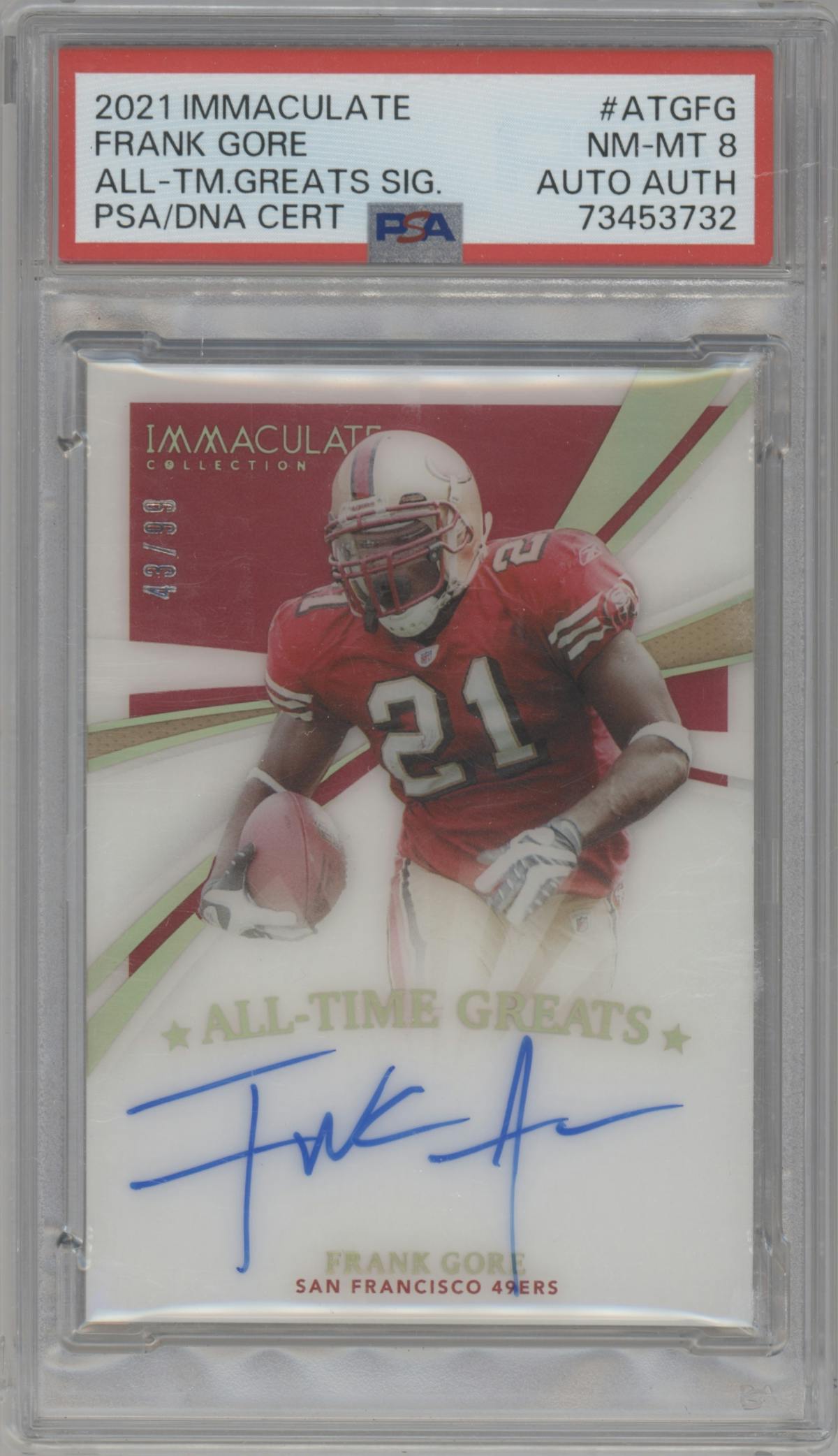 Frank Gore from the 2021 Panini Immaculate Collection set graded by PSA and given an overall grade of 8.
