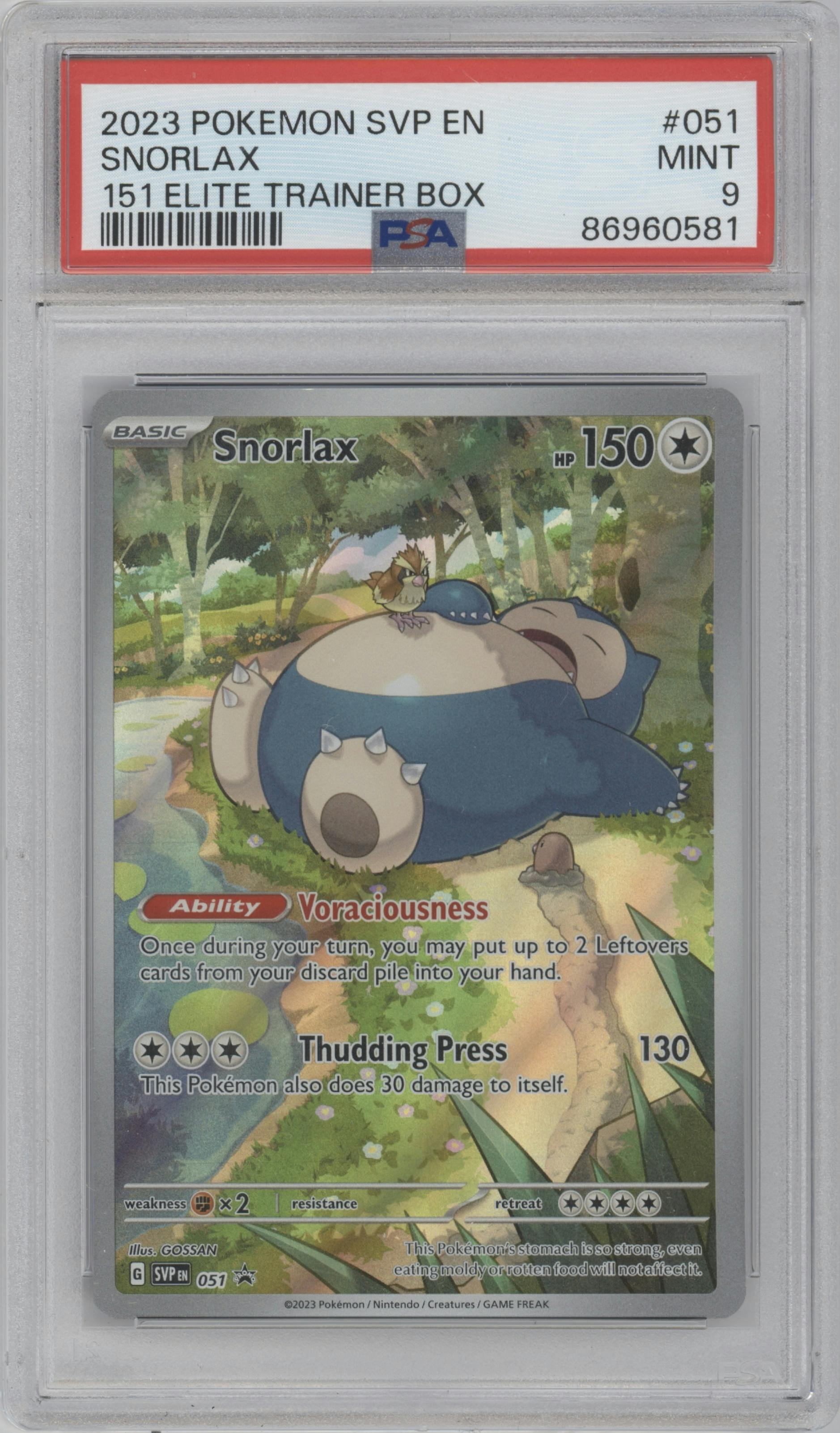Snorlax from the 2023 Pokemon SV set featuring a Scarlet & Violet 151 Elite Trainer Box parallel graded by PSA and given an overall grade of 9.