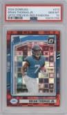 Brian Thomas Jr. from the 2024 Donruss set featuring a Red Pandora parallel graded by PSA and given an overall grade of 10.
