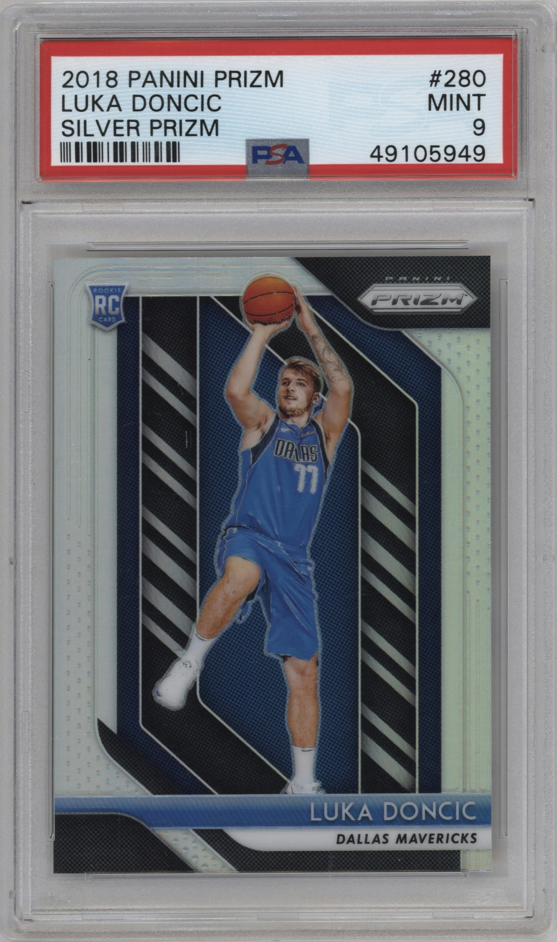 Luka Doncic from the 2018-19 Panini Prizm set featuring a Silver Prizm parallel graded by PSA and given an overall grade of 9.