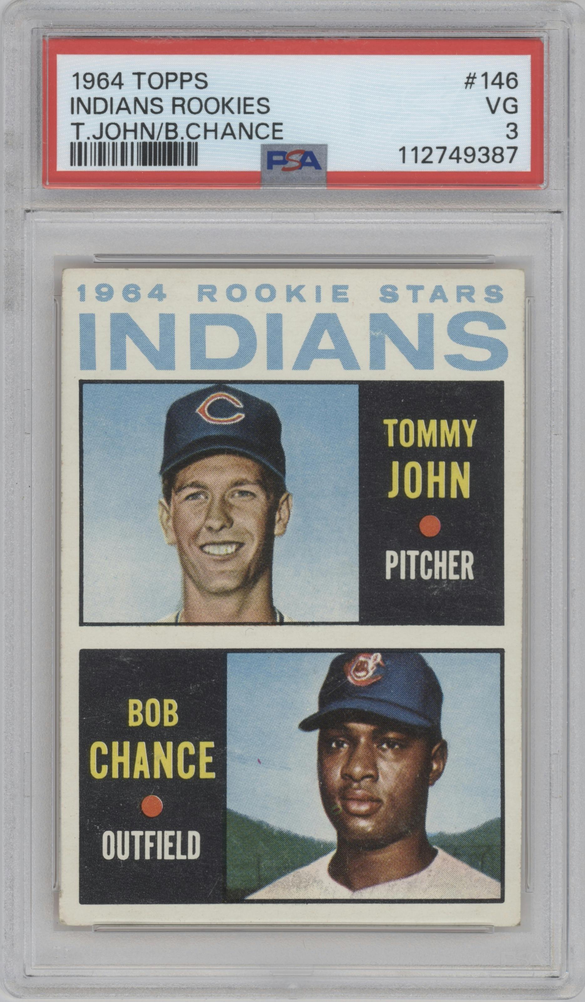 Tommy John/Bob Chance from the 1964 Topps set graded by PSA and given an overall grade of 3.
