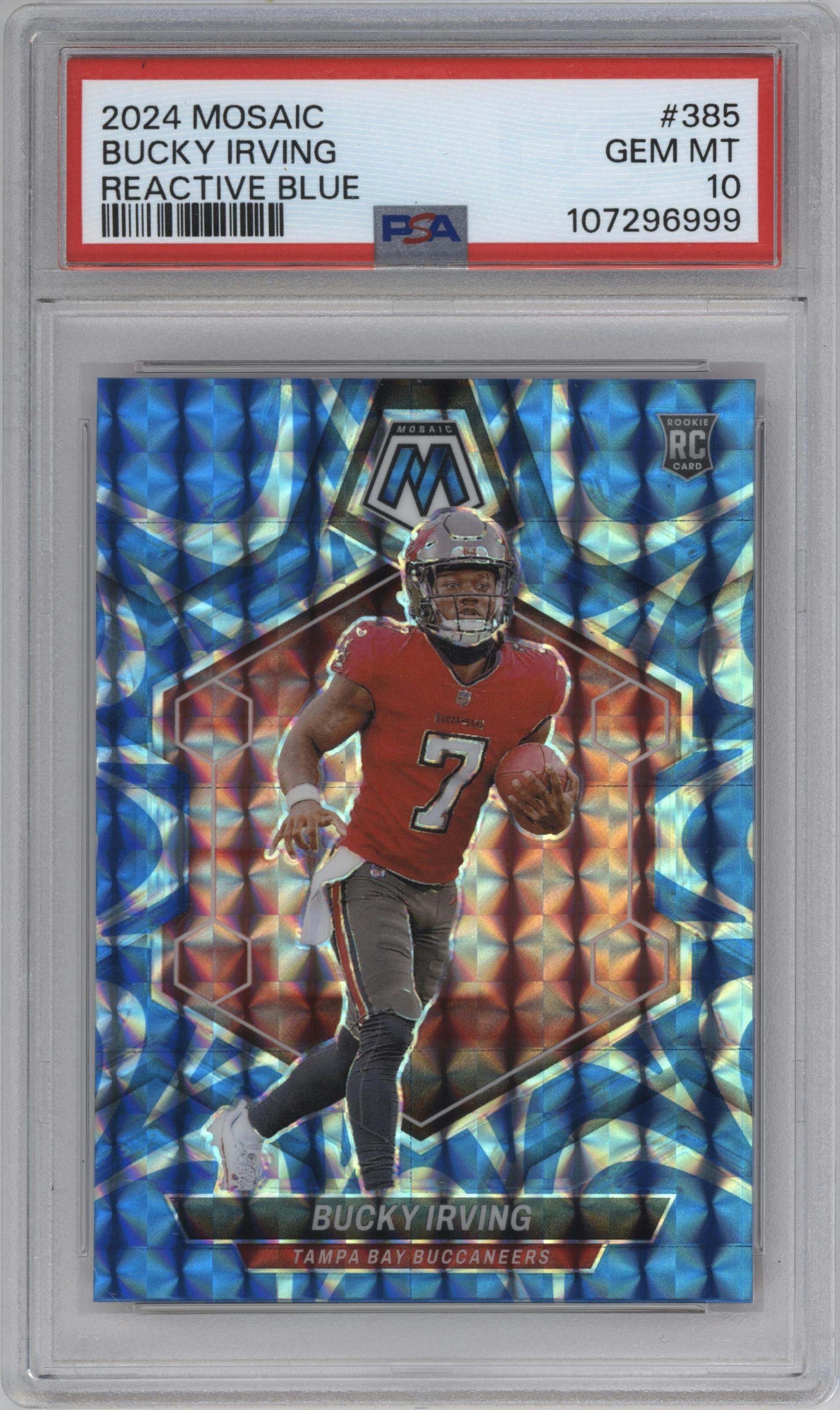Bucky Irving from the 2024 Panini Mosaic set featuring a Reactive Blue parallel graded by PSA and given an overall grade of 10.