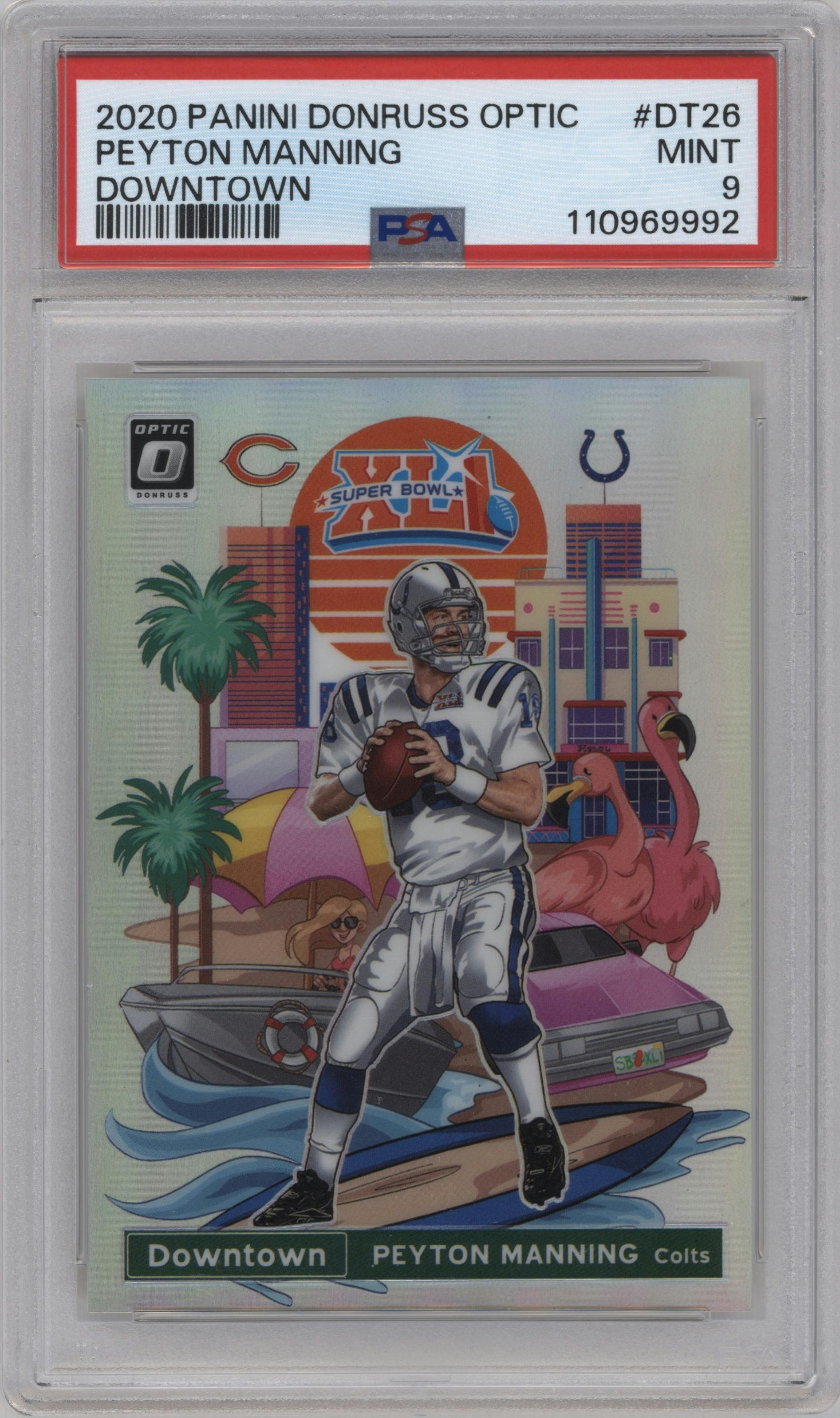 Peyton Manning from the 2020 Panini Donruss Optic set graded by PSA and given an overall grade of 9.
