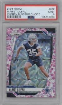 Marist Liufau from the 2024 Panini Prizm set featuring a Choice Cherry Blossom Prizm parallel graded by PSA and given an overall grade of 9.