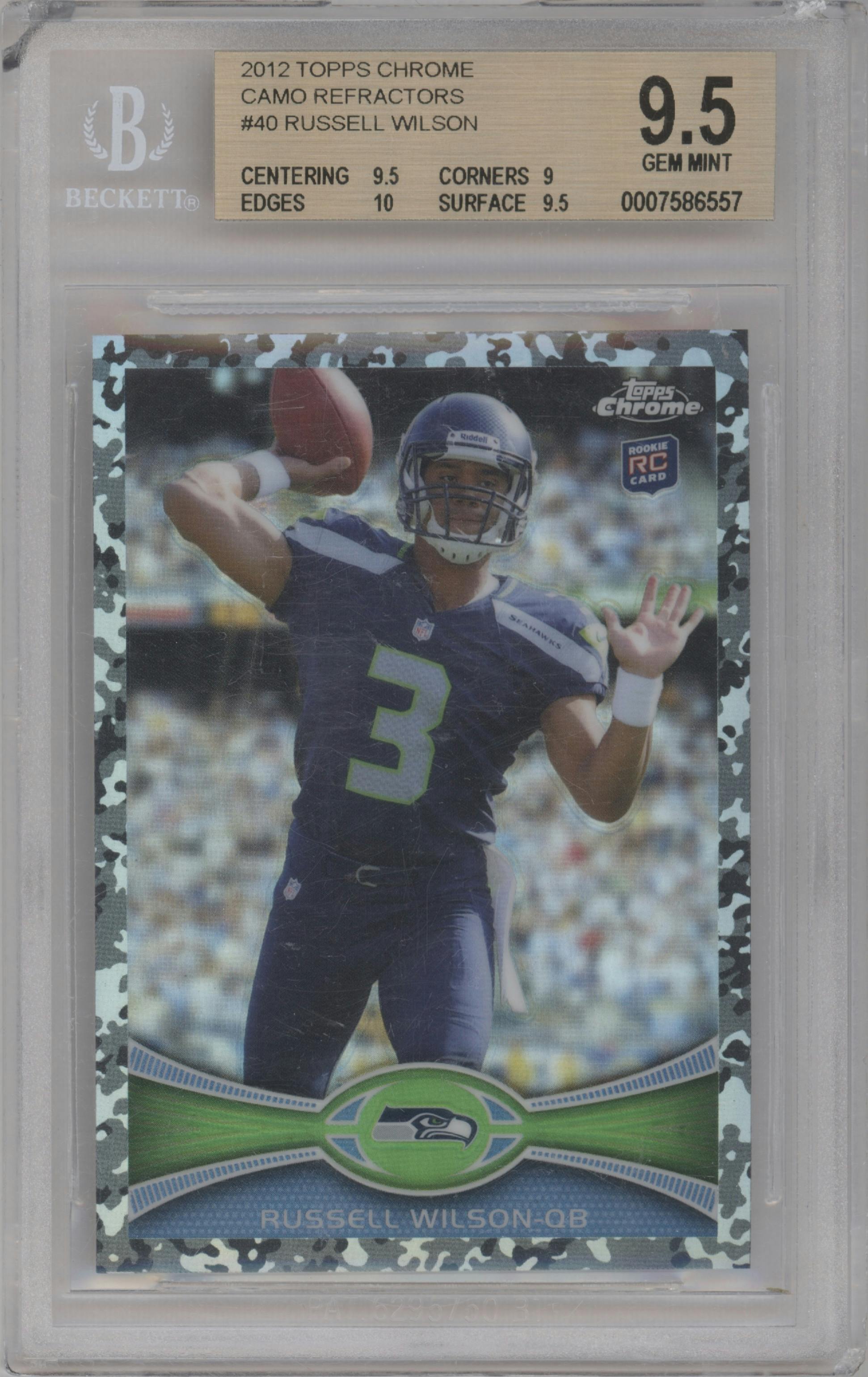 Russell Wilson from the 2012 Topps Chrome set featuring a Camo Refractor parallel graded by Beckett and given an overall grade of 9.5.