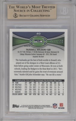 Russell Wilson from the 2012 Topps Chrome set featuring a Camo Refractor parallel graded by Beckett and given an overall grade of 9.5.