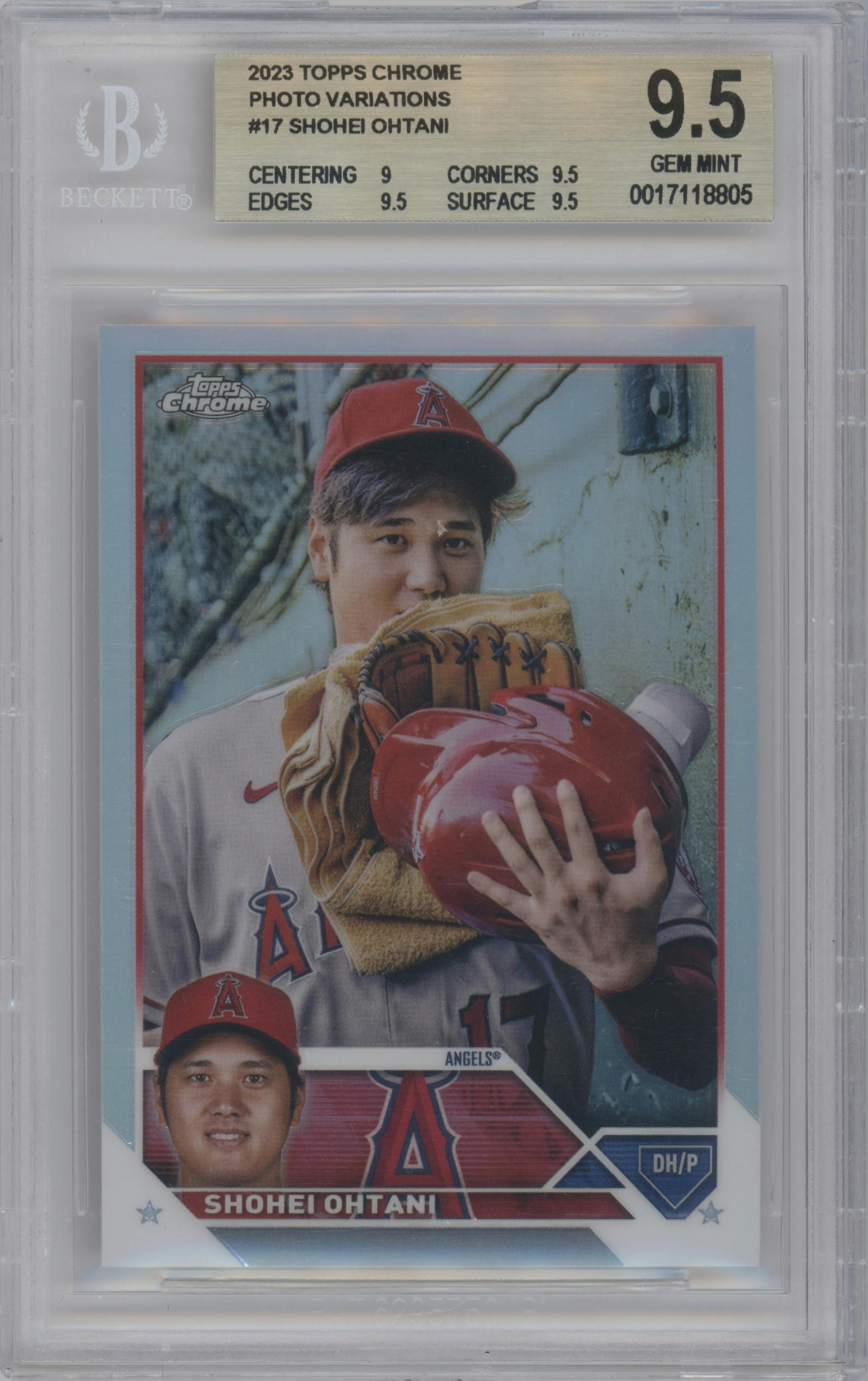 Shohei Ohtani from the 2023 Topps Chrome set graded by Beckett and given an overall grade of 9.5.