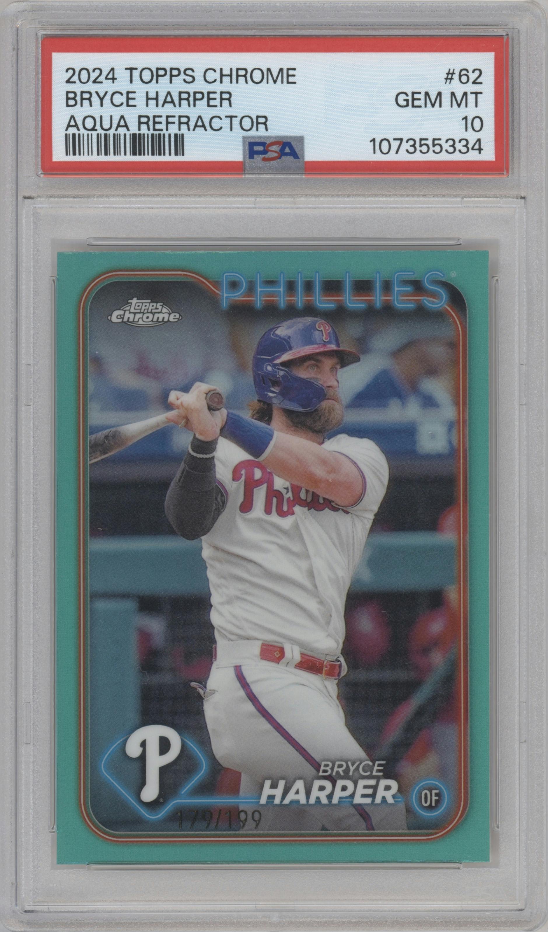 Bryce Harper from the 2024 Topps Chrome set featuring a Aqua Refractor parallel graded by PSA and given an overall grade of 10.