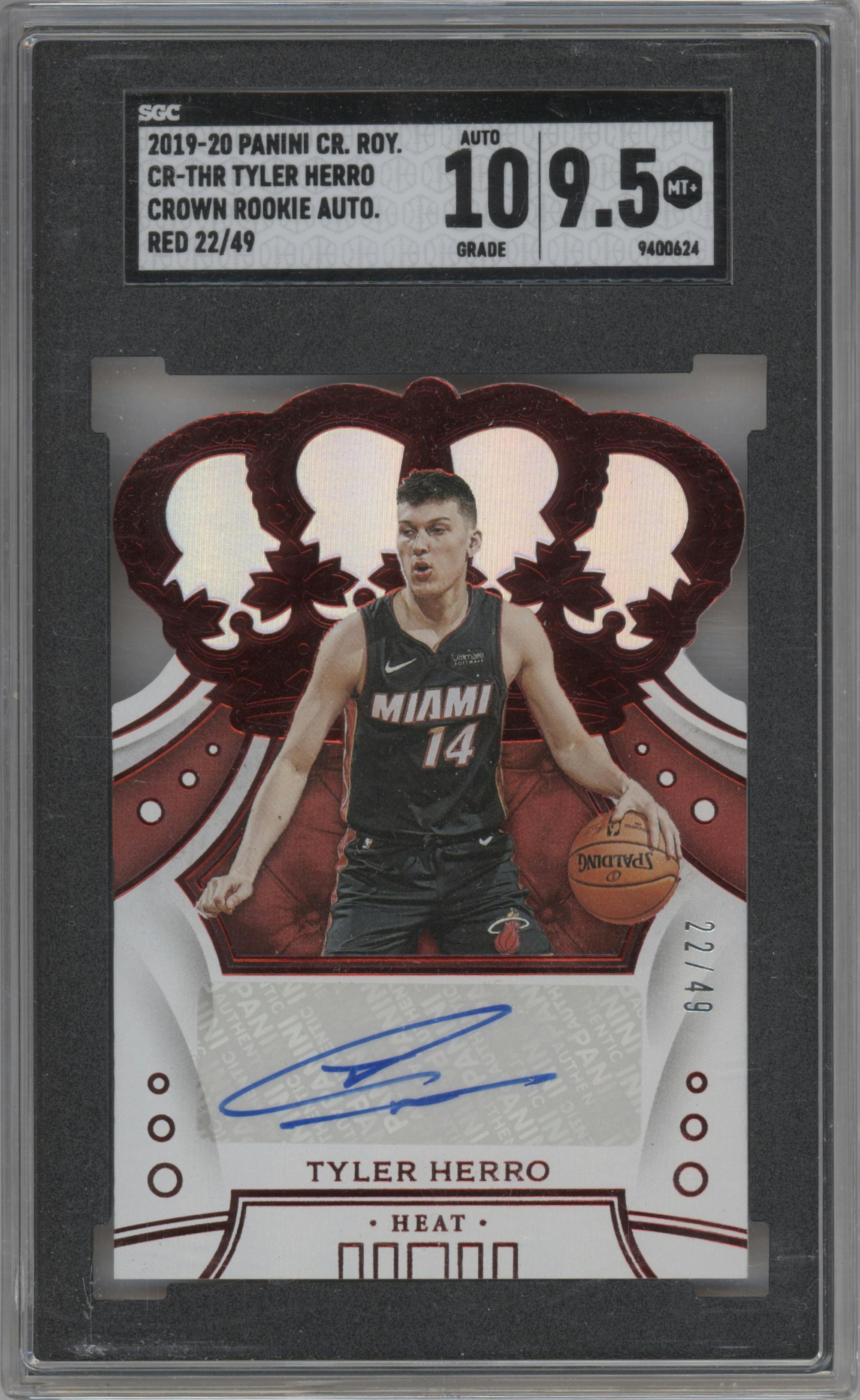 Tyler Herro from the 2019-20 Panini Crown Royale set graded by SGC and given an overall grade of 9.5.