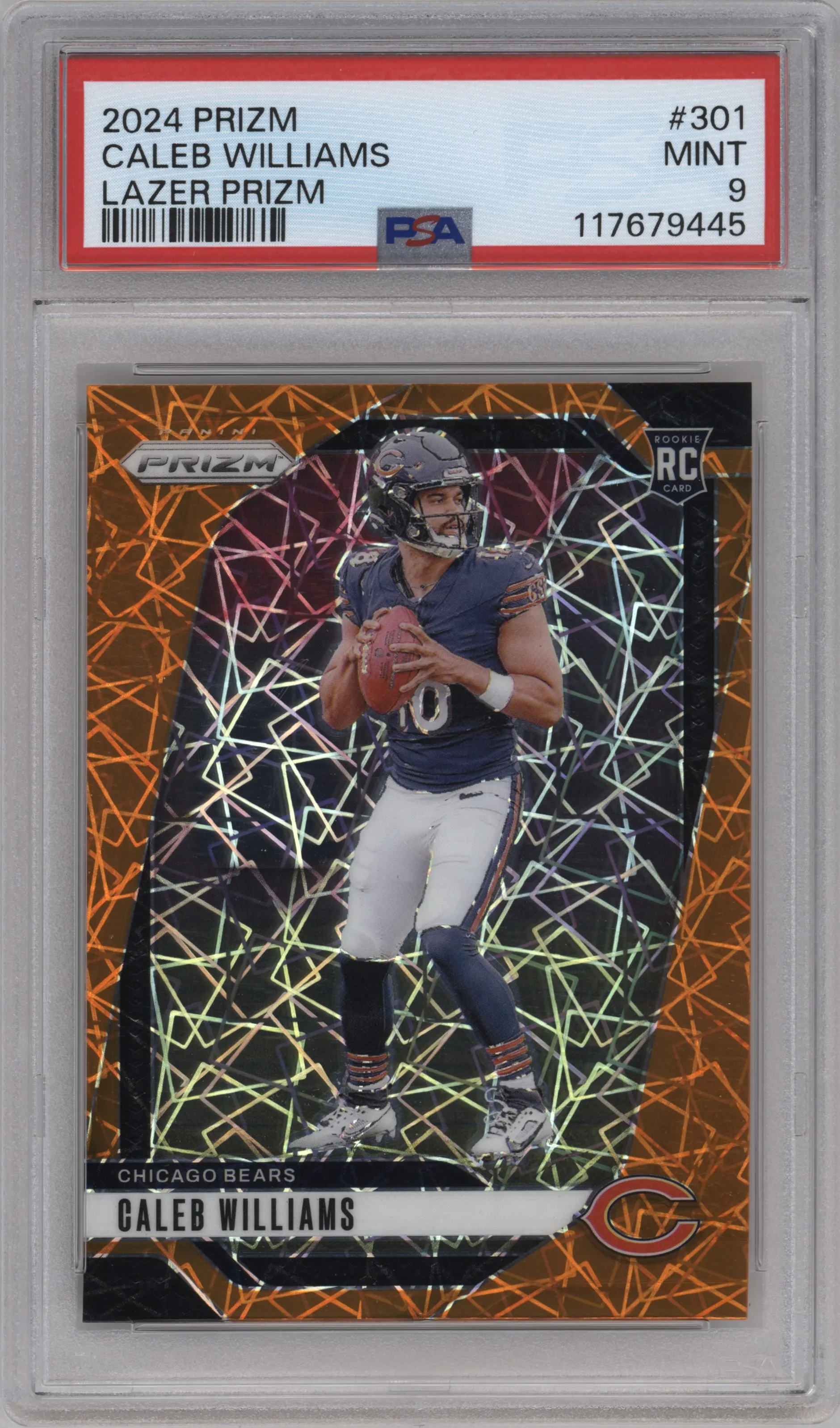 Caleb Williams from the 2024 Panini Prizm set featuring a Lazer Prizm parallel graded by PSA and given an overall grade of 9.