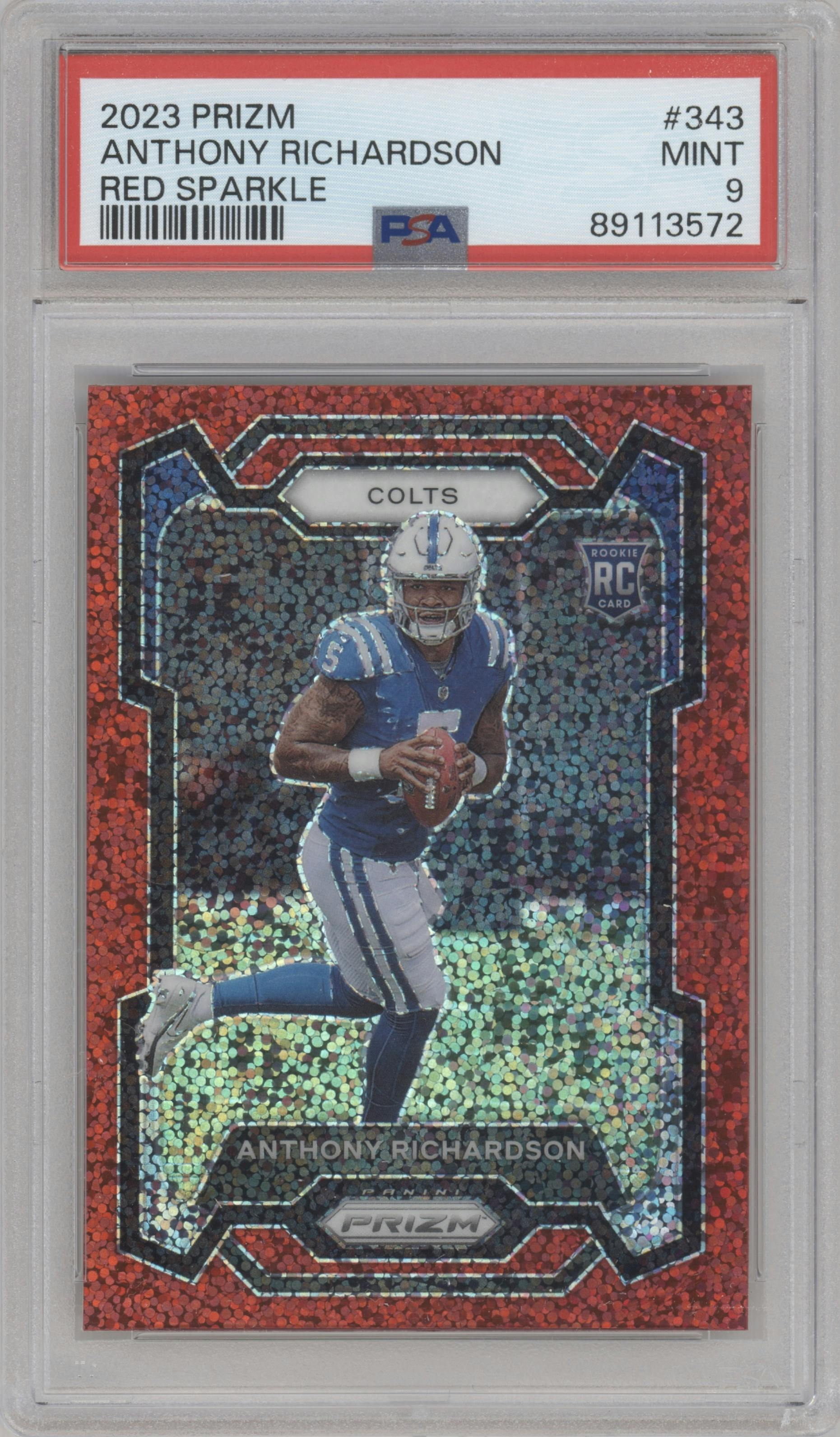 Anthony Richardson from the 2023 Panini Prizm set featuring a Red Sparkle parallel graded by PSA and given an overall grade of 9.