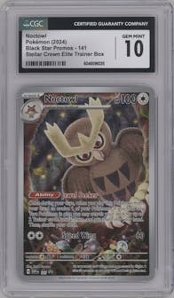Noctowl from the 2024 Pokemon SV set featuring a Stellar Crown Elite Trainer Box parallel graded by CSG and given an overall grade of 10.