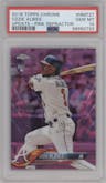 Ozzie Albies  from the 2018 Topps Chrome Update  set featuring a Pink Refractor parallel graded by PSA and given an overall grade of 10.