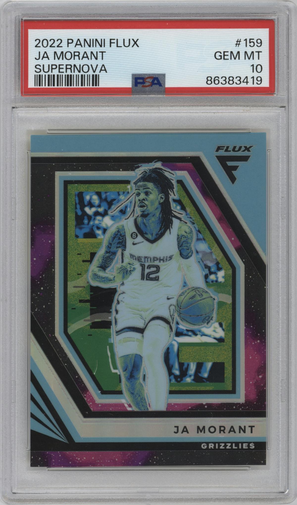 Ja Morant from the 2022-23 Panini Flux set featuring a Supernova parallel graded by PSA and given an overall grade of 10.