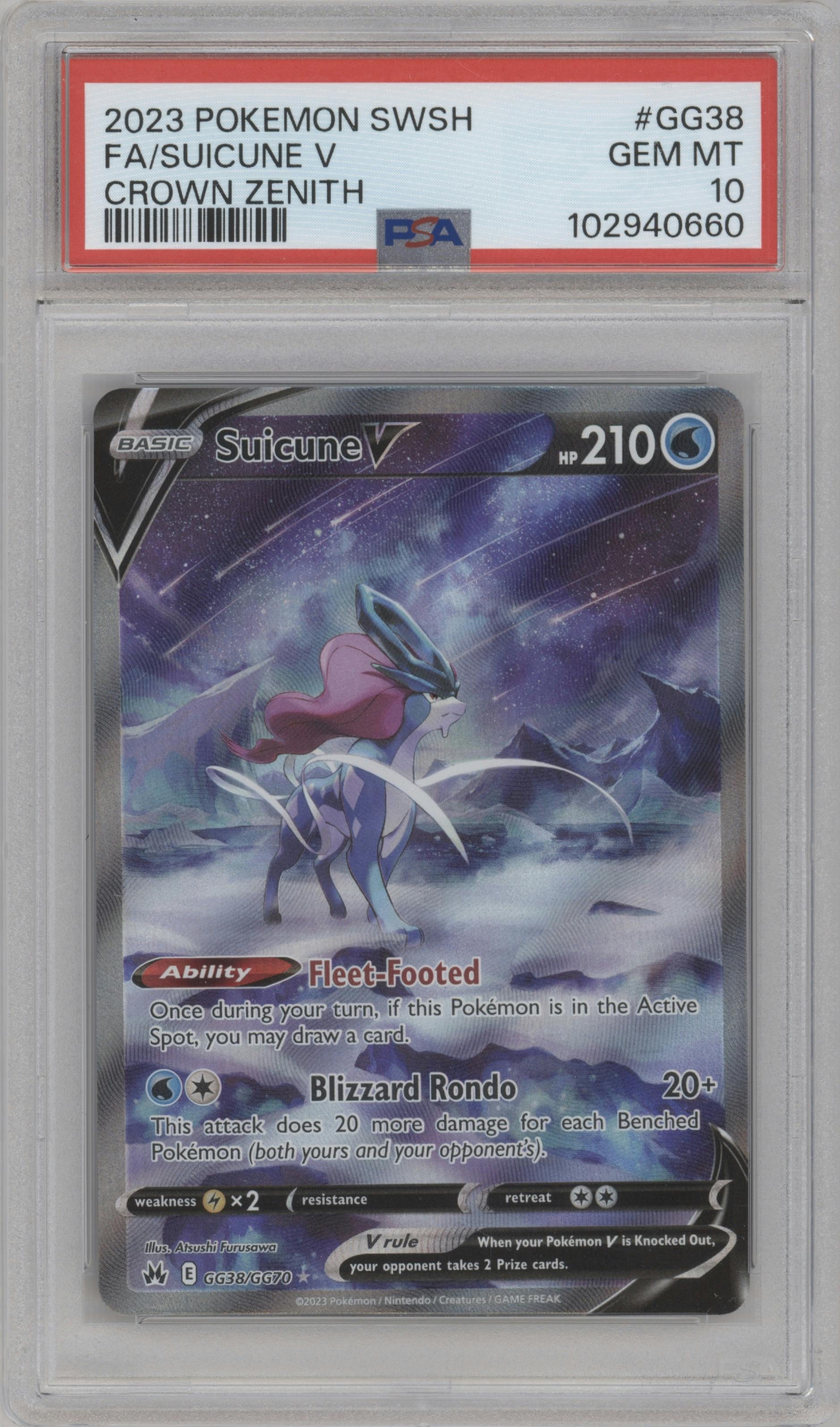 Suicune V from the 2023 Pokemon SWSH set graded by PSA and given an overall grade of 10.