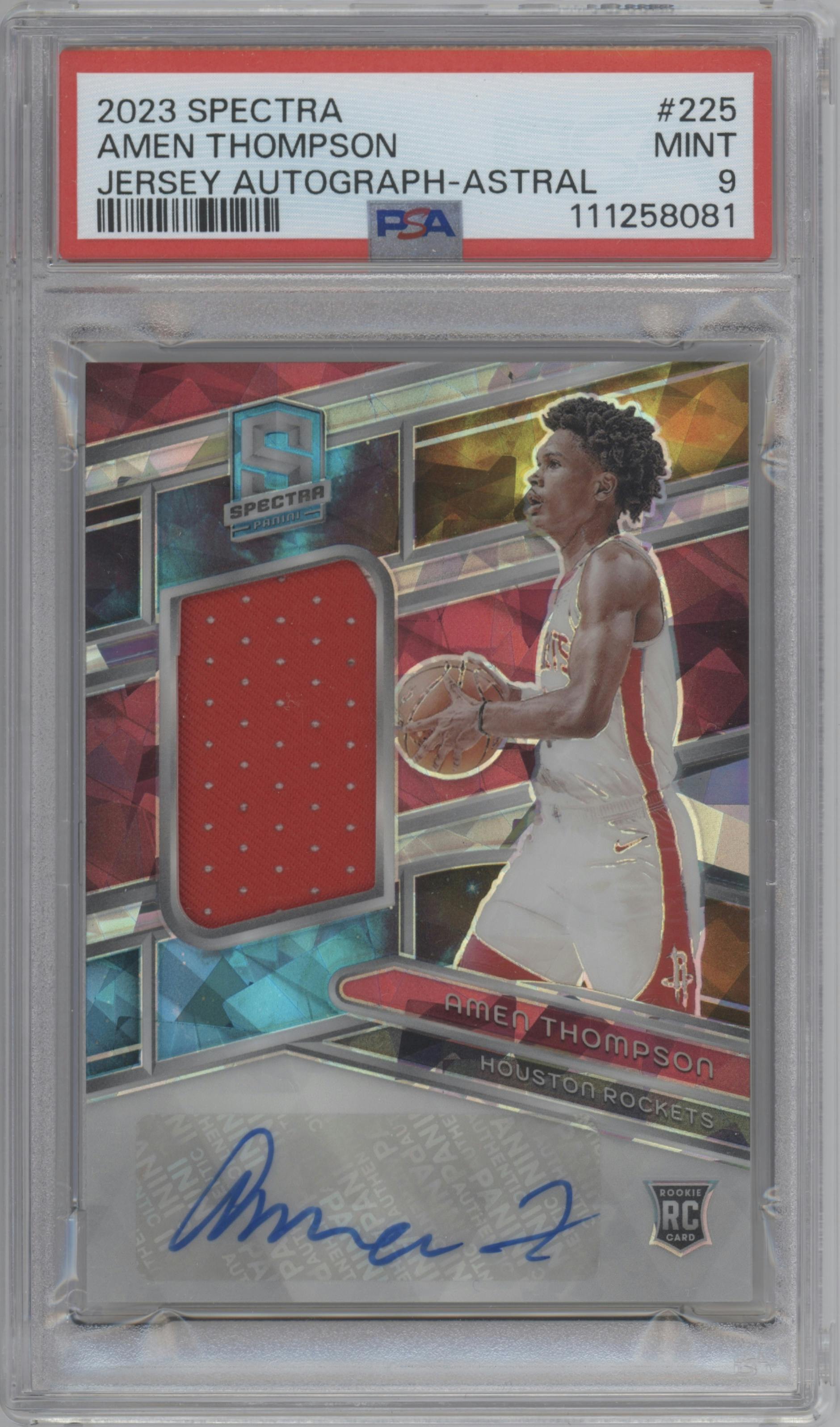 Amen Thompson from the 2023-24 Panini Spectra set featuring a Astral parallel graded by PSA and given an overall grade of 9.