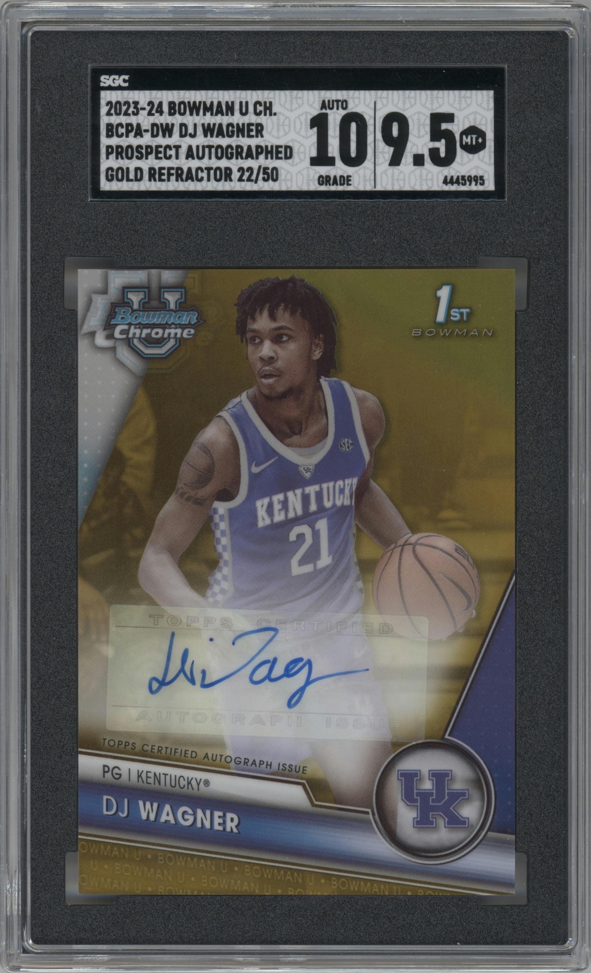 DJ Wagner from the 2023-24 Bowman U Chrome set featuring a Gold Refractor parallel graded by SGC and given an overall grade of 9.5.