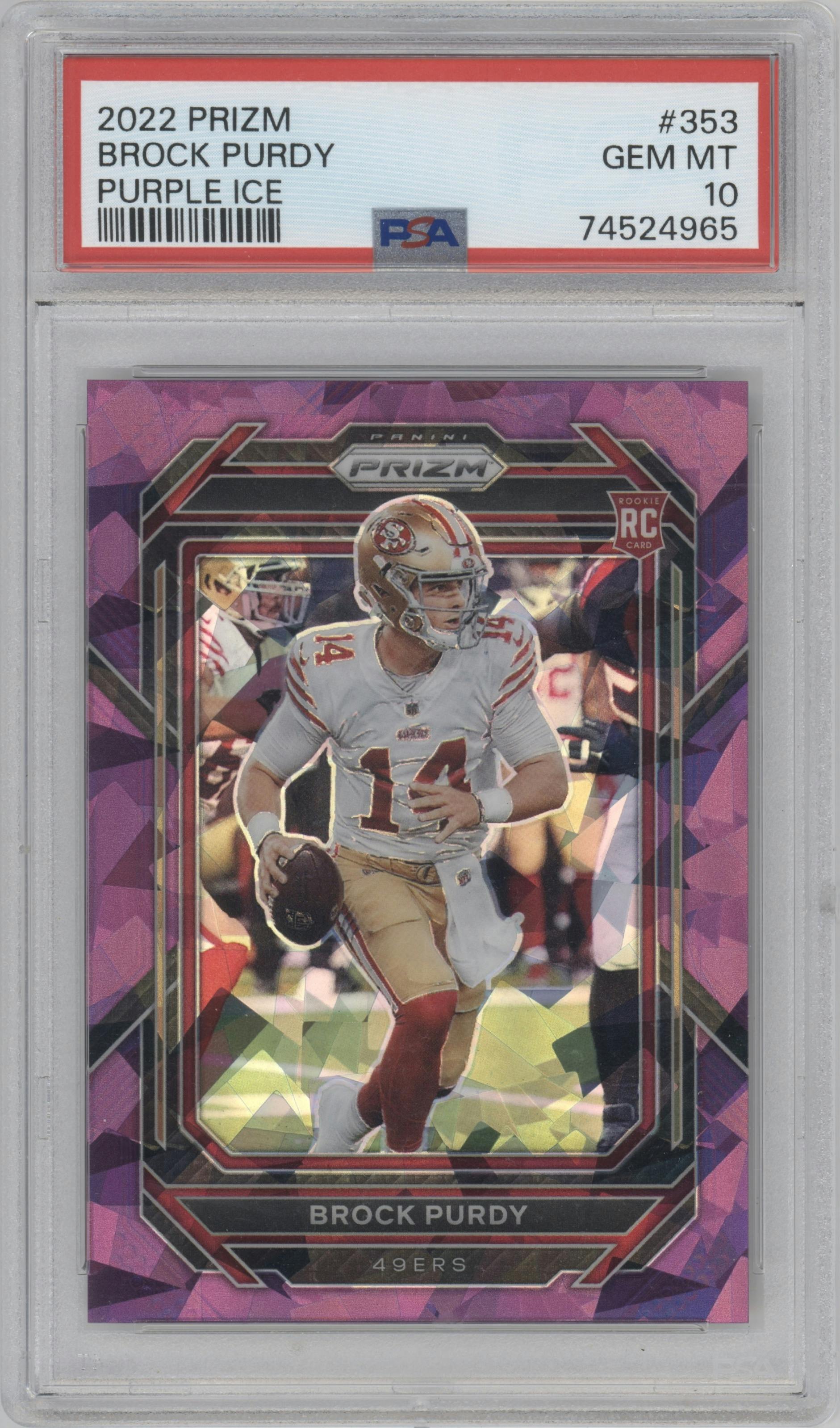 Brock Purdy from the 2022 Panini Prizm set featuring a Purple Ice parallel graded by PSA and given an overall grade of 10.