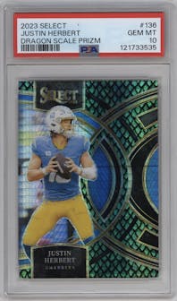 Justin Herbert from the 2023 Panini Select set featuring a Dragon Scale parallel graded by PSA and given an overall grade of 10.