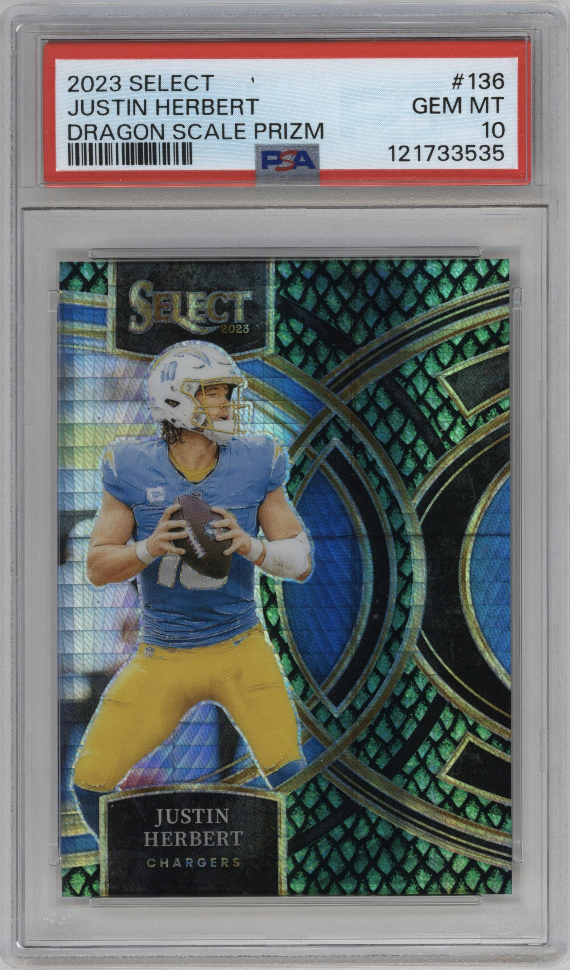 Justin Herbert from the 2023 Panini Select set featuring a Dragon Scale parallel graded by PSA and given an overall grade of 10.