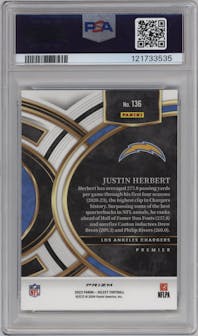 Justin Herbert from the 2023 Panini Select set featuring a Dragon Scale parallel graded by PSA and given an overall grade of 10.
