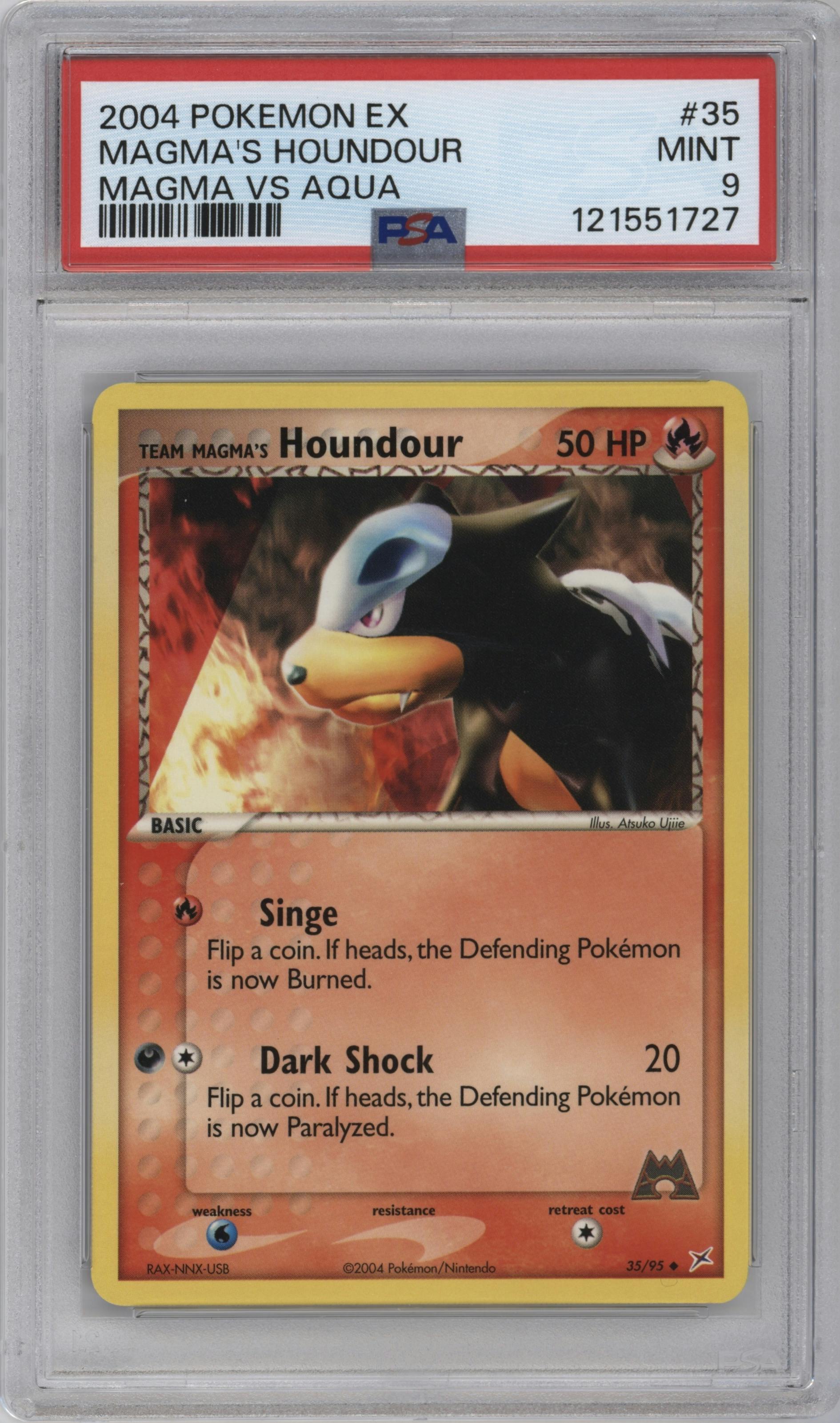 Team Magma's Houndour from the 2004 Pokemon EX set graded by PSA and given an overall grade of 9.