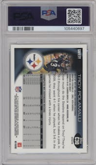 Troy Polamalu from the 2010 Topps Chrome set featuring a Xfractor parallel graded by PSA and given an overall grade of 10.
