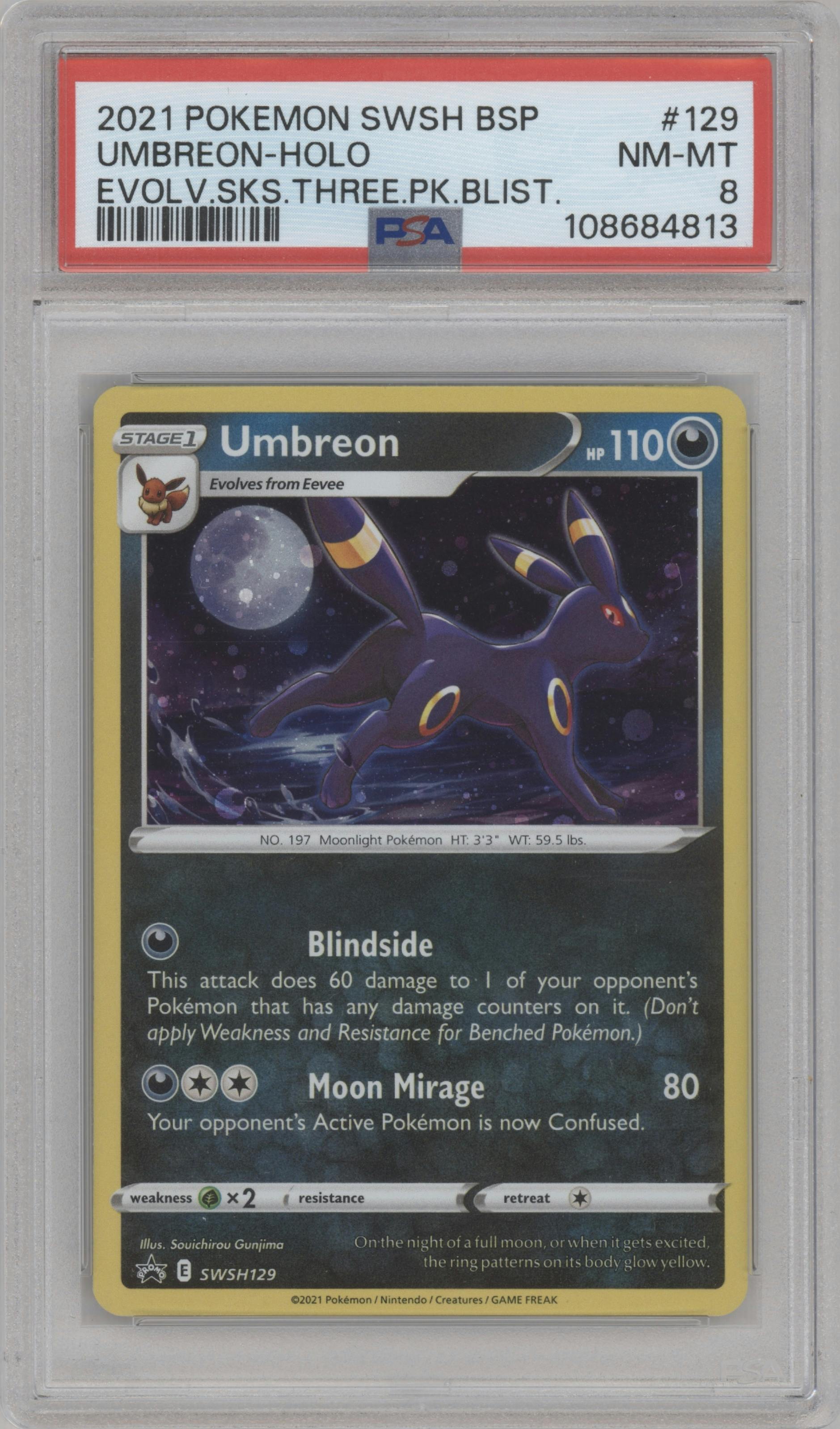 Umbreon from the 2021 Pokemon SWSH set featuring a Evolving Skies 3-Pack Blisters parallel graded by PSA and given an overall grade of 8.