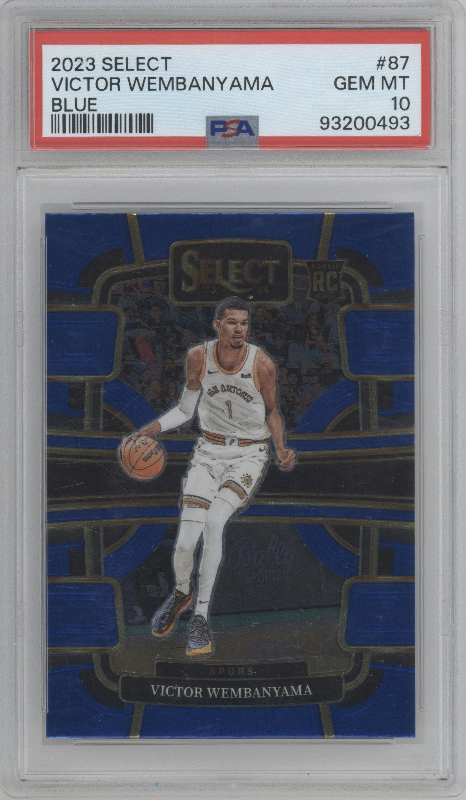Victor Wembanyama from the 2023-24 Panini Select  set featuring a Blue Retail parallel graded by PSA and given an overall grade of 10.