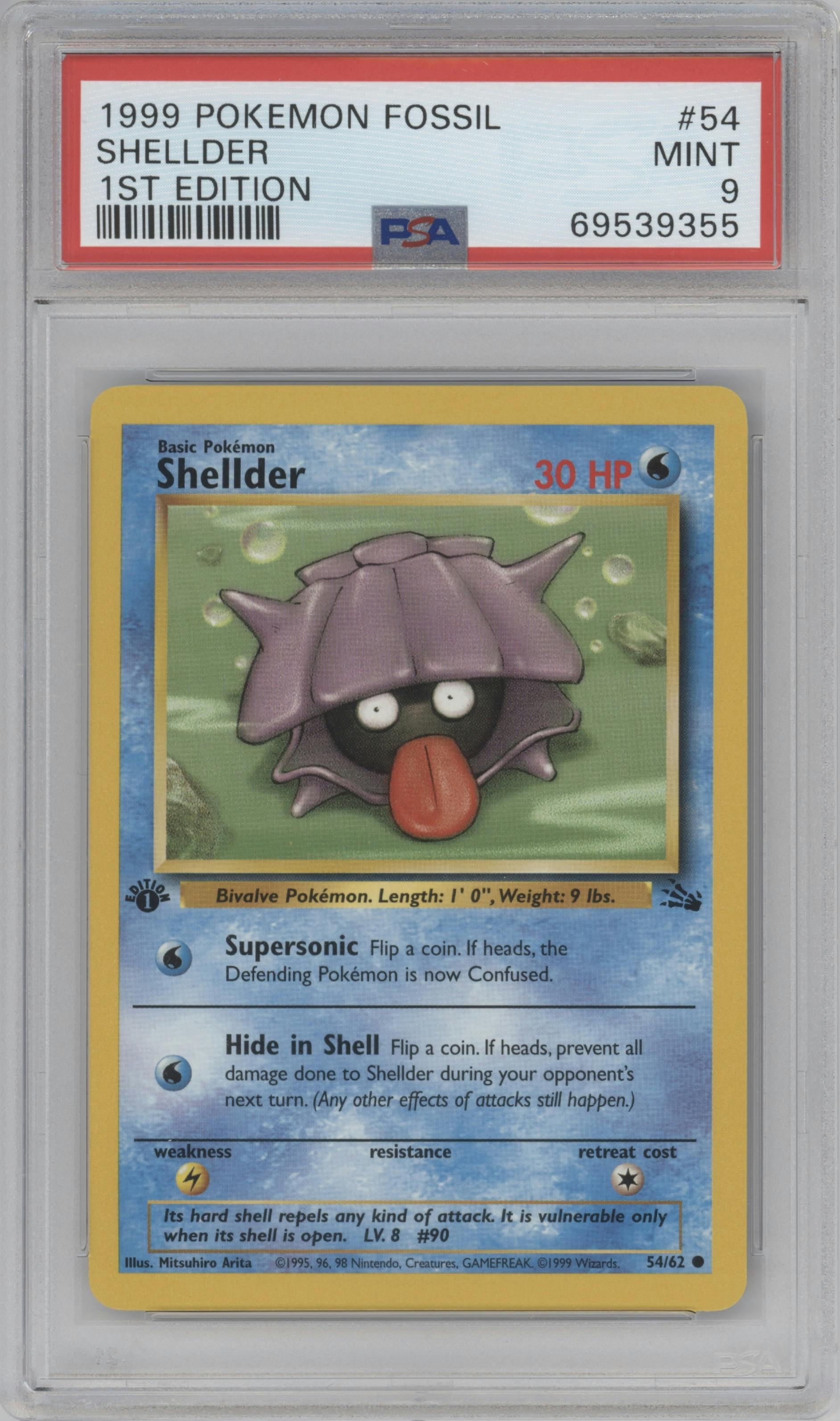 Shellder from the 1999 Pokemon set graded by PSA and given an overall grade of 9.