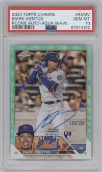 Mark Vientos from the 2023 Topps Chrome set featuring a Aqua Wave Refractor parallel graded by PSA and given an overall grade of 10.