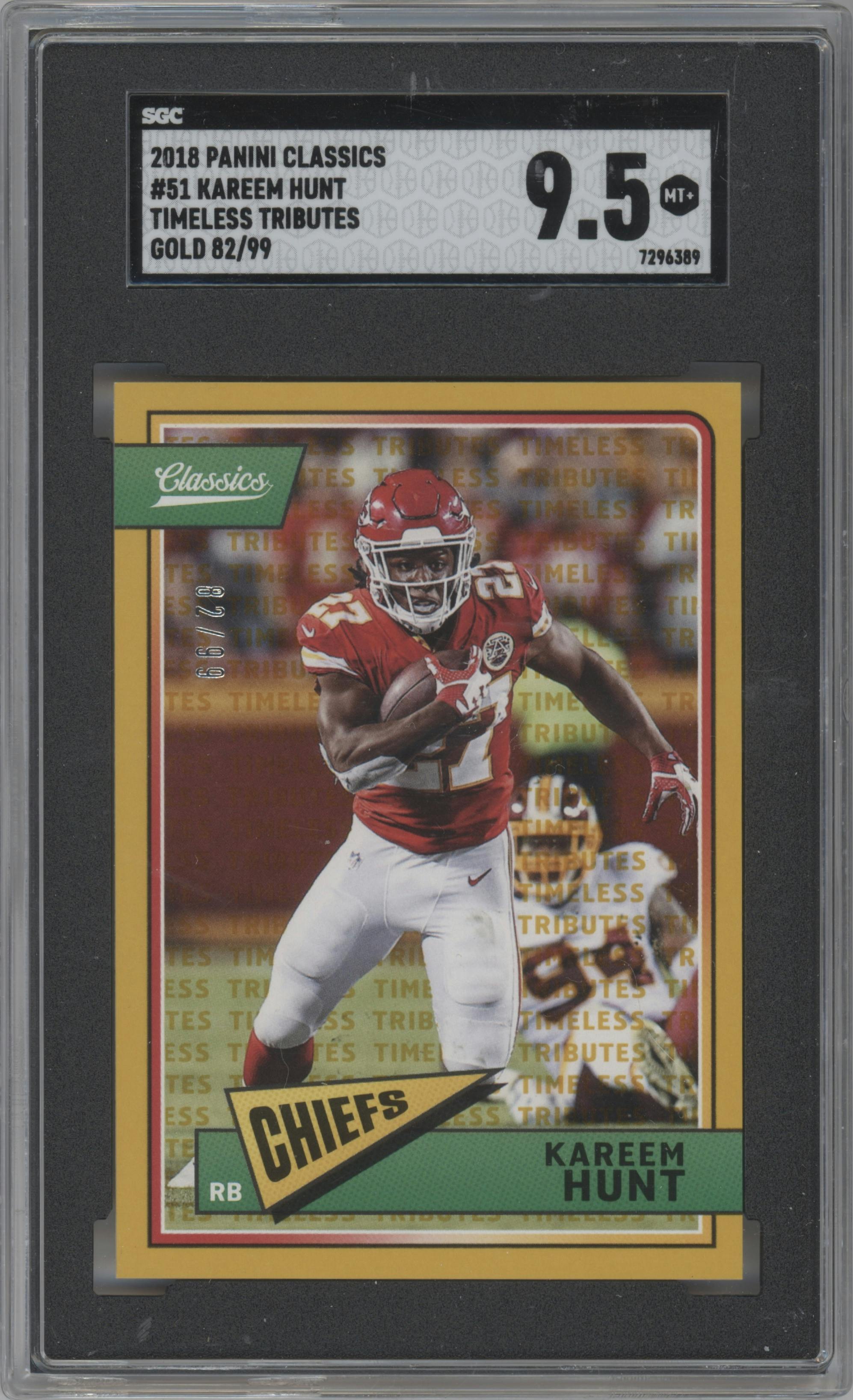Kareem Hunt from the 2018 Panini Classics set featuring a Timeless Tributes Gold parallel graded by SGC and given an overall grade of 9.5.