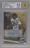 Shedeur Sanders from the 2023 Bowman Chrome University set featuring a Gold Refractor parallel graded by Beckett and given an overall grade of 8.5.