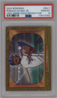 Ronald Acuna Jr. from the 2024 Bowman set featuring a Gold Refractor parallel graded by PSA and given an overall grade of 10.
