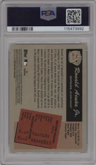 Ronald Acuna Jr. from the 2024 Bowman set featuring a Gold Refractor parallel graded by PSA and given an overall grade of 10.