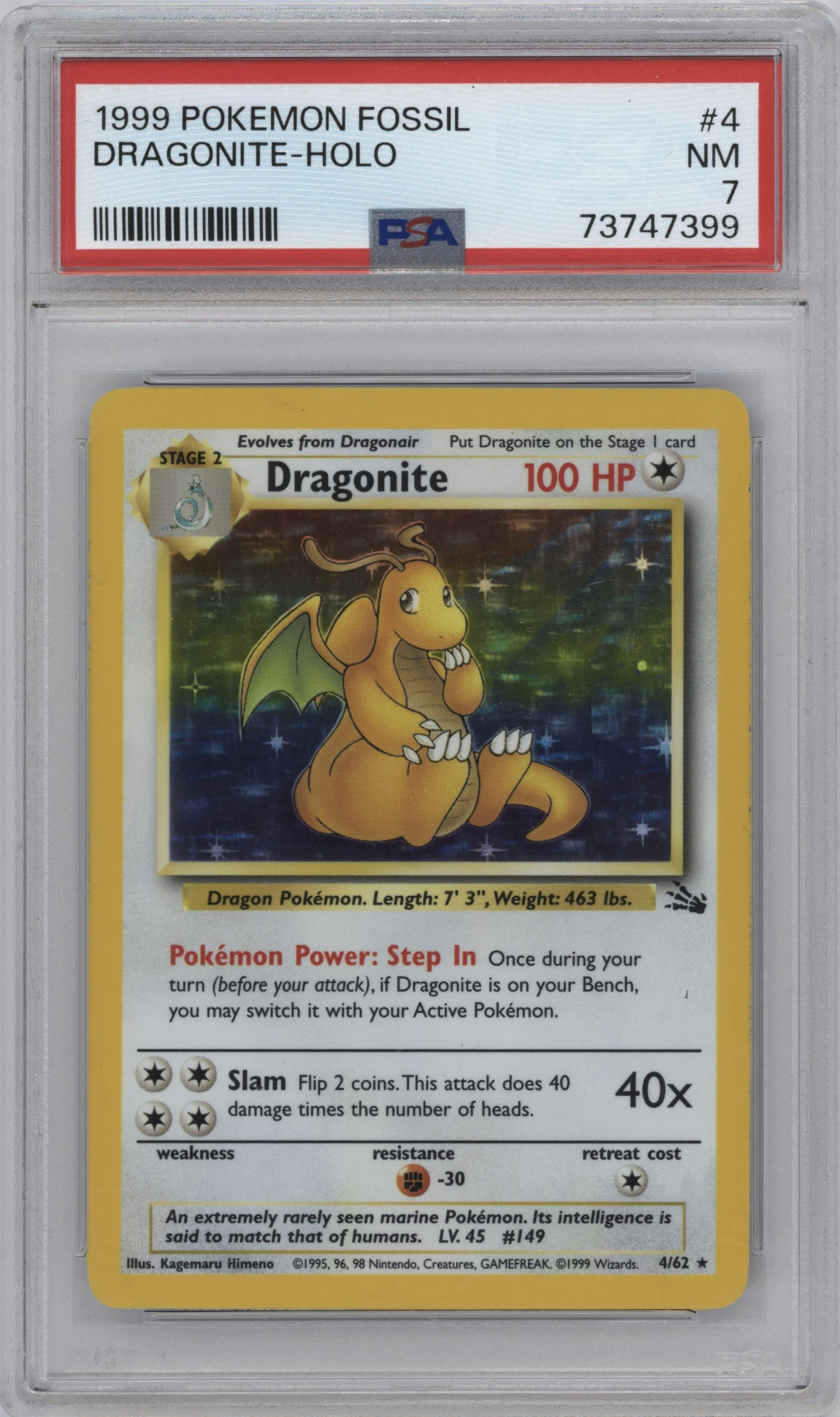 Dragonite from the 1999 Pokemon set graded by PSA and given an overall grade of 7.