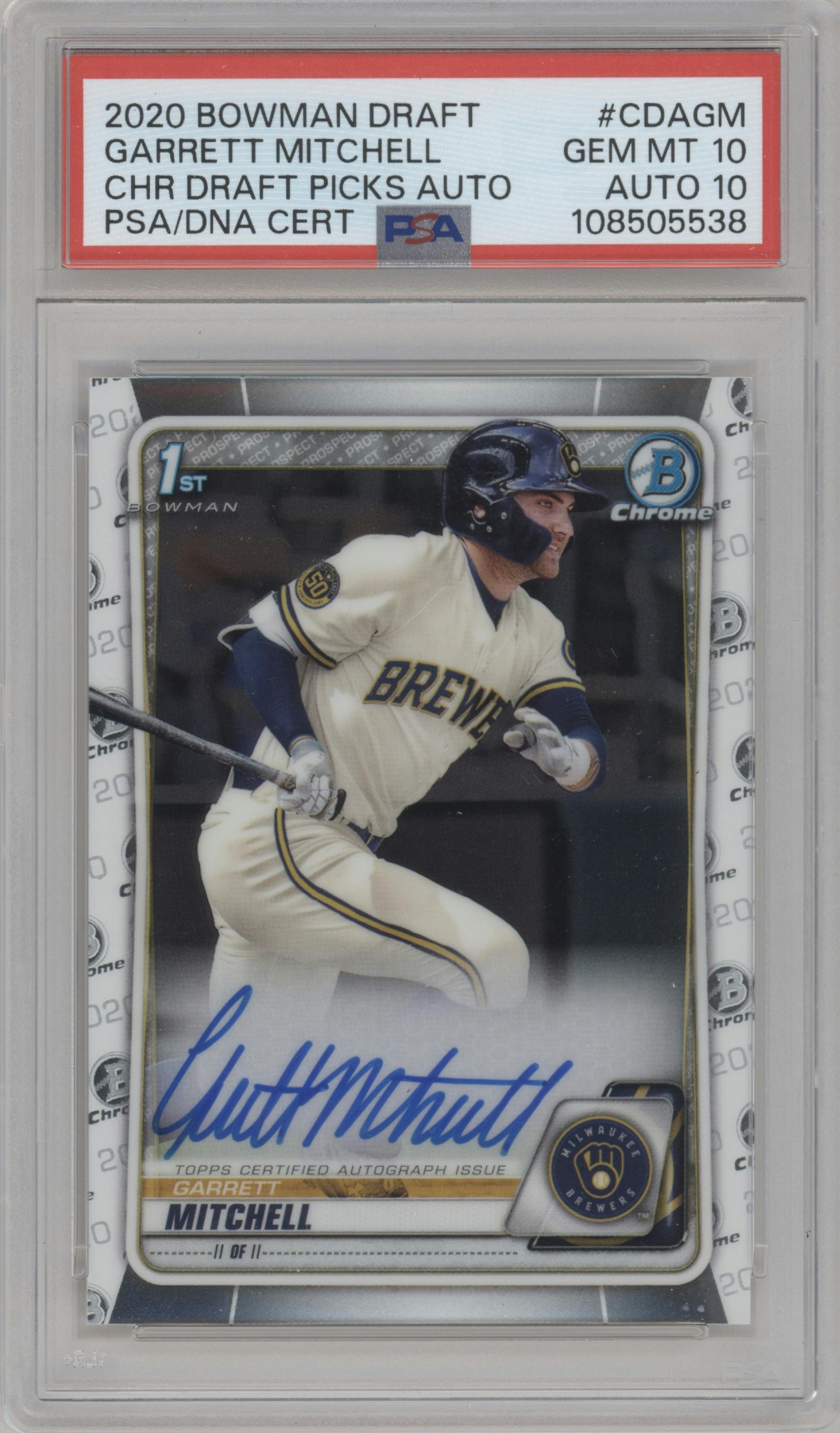 Garrett Mitchell from the 2020 Bowman Draft set graded by PSA and given an overall grade of 10.