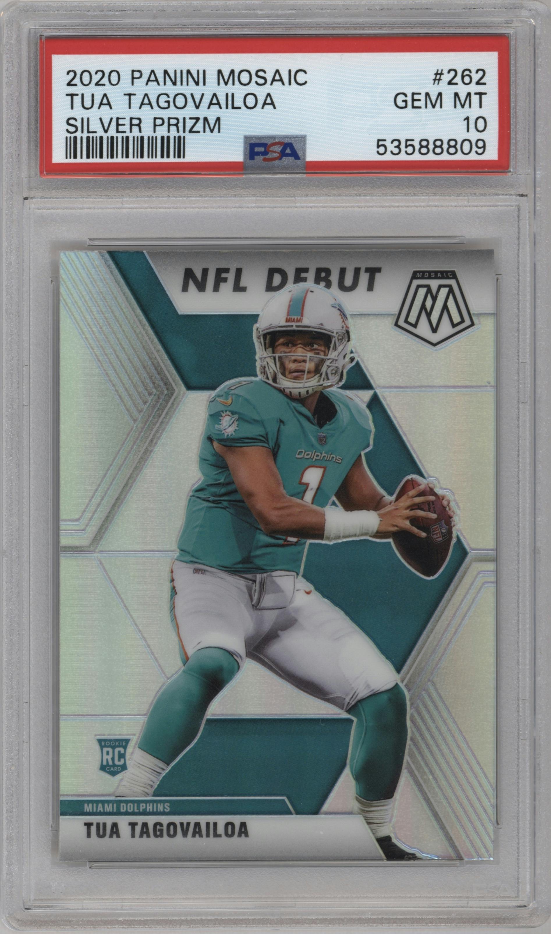 Tua Tagovailoa from the 2020 Panini Mosaic set featuring a Silver parallel graded by PSA and given an overall grade of 10.
