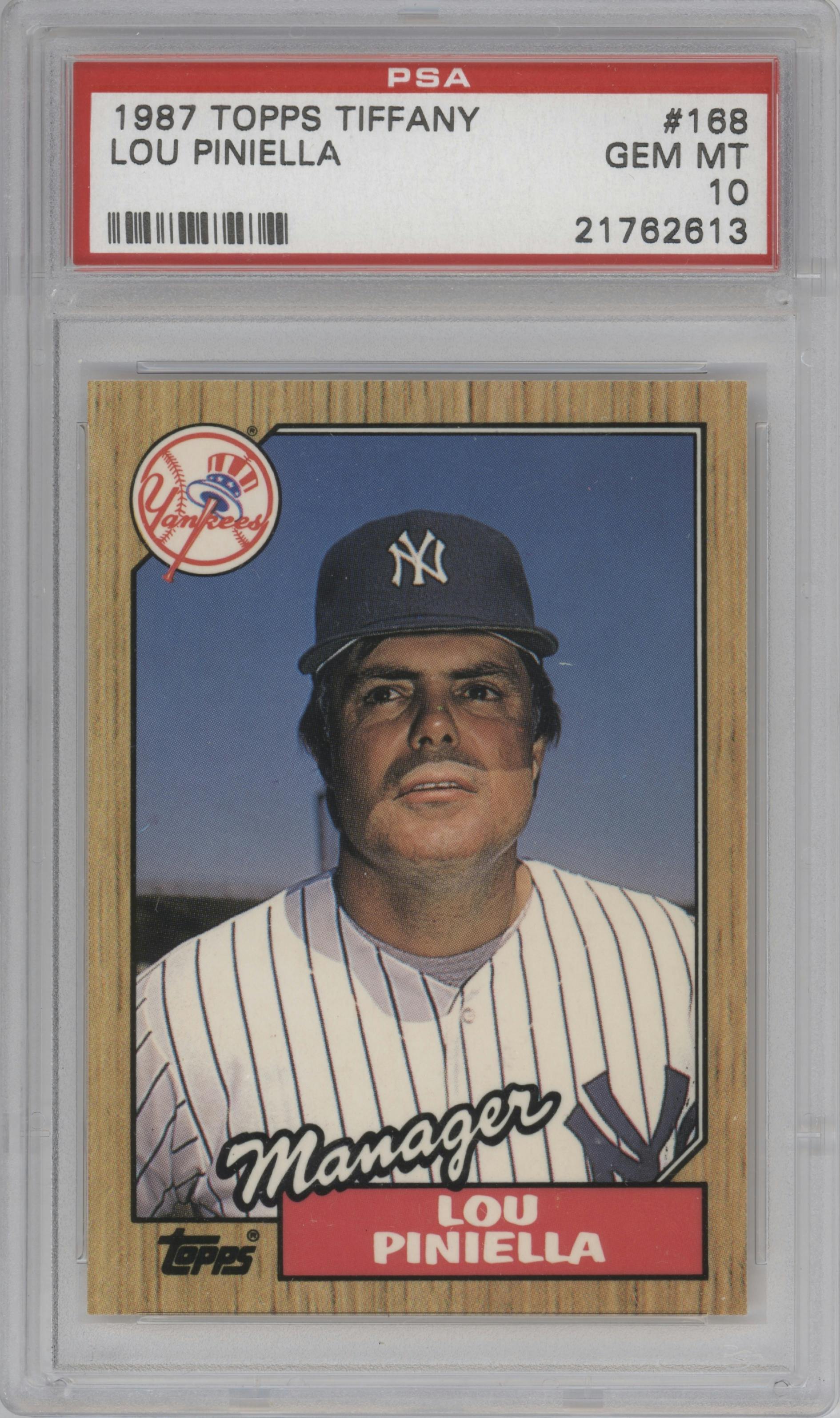 Lou Piniella from the 1987 Topps set featuring a Tiffany parallel graded by PSA and given an overall grade of 10.