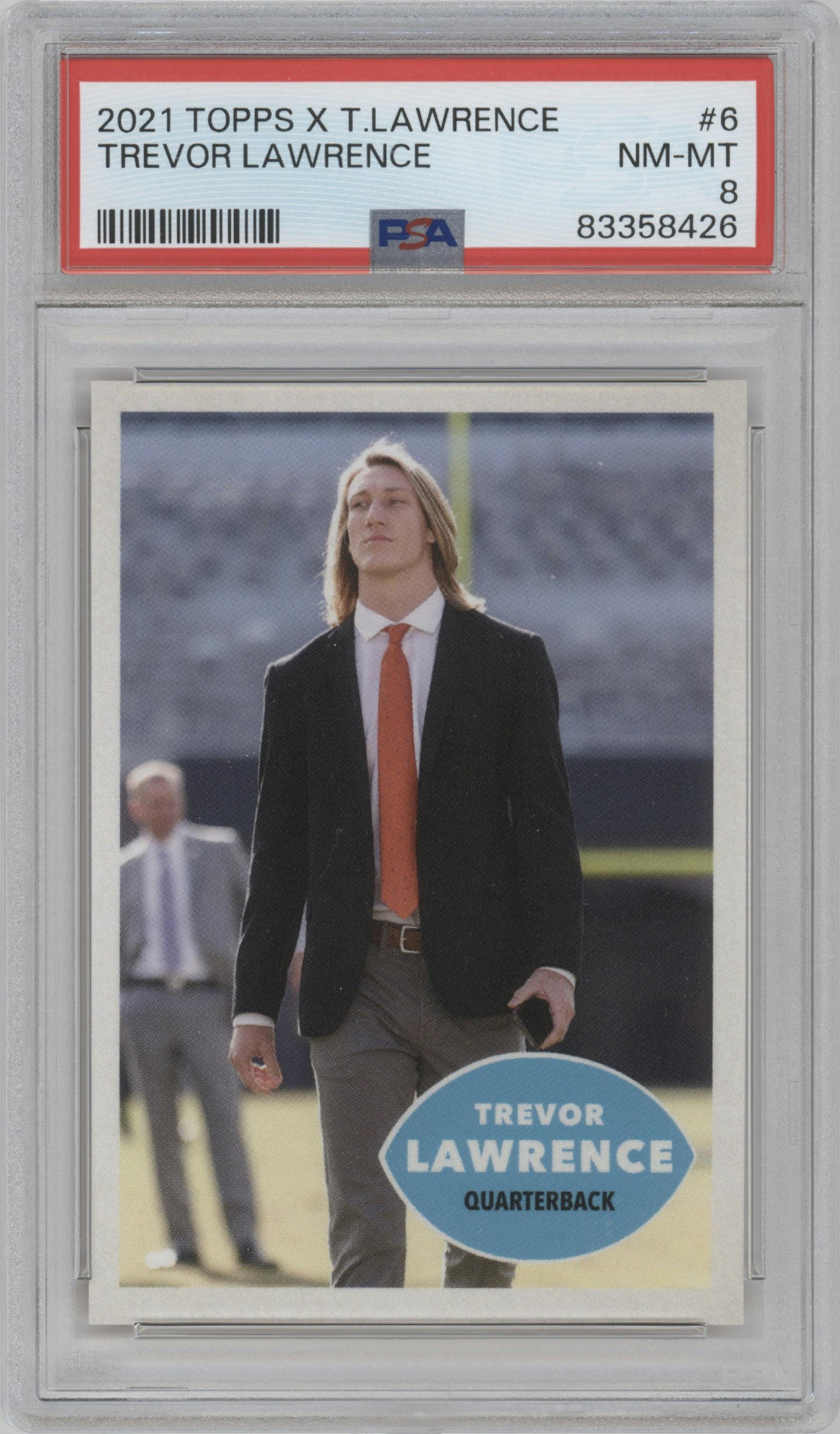 Trevor Lawrence from the 2021 Topps X Trevor Lawrence set graded by PSA and given an overall grade of 8.