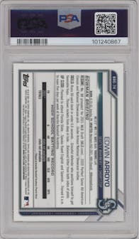 Edwin Arroyo from the 2021 Bowman Draft Sapphire Edition set featuring a Gold parallel graded by PSA and given an overall grade of 10.