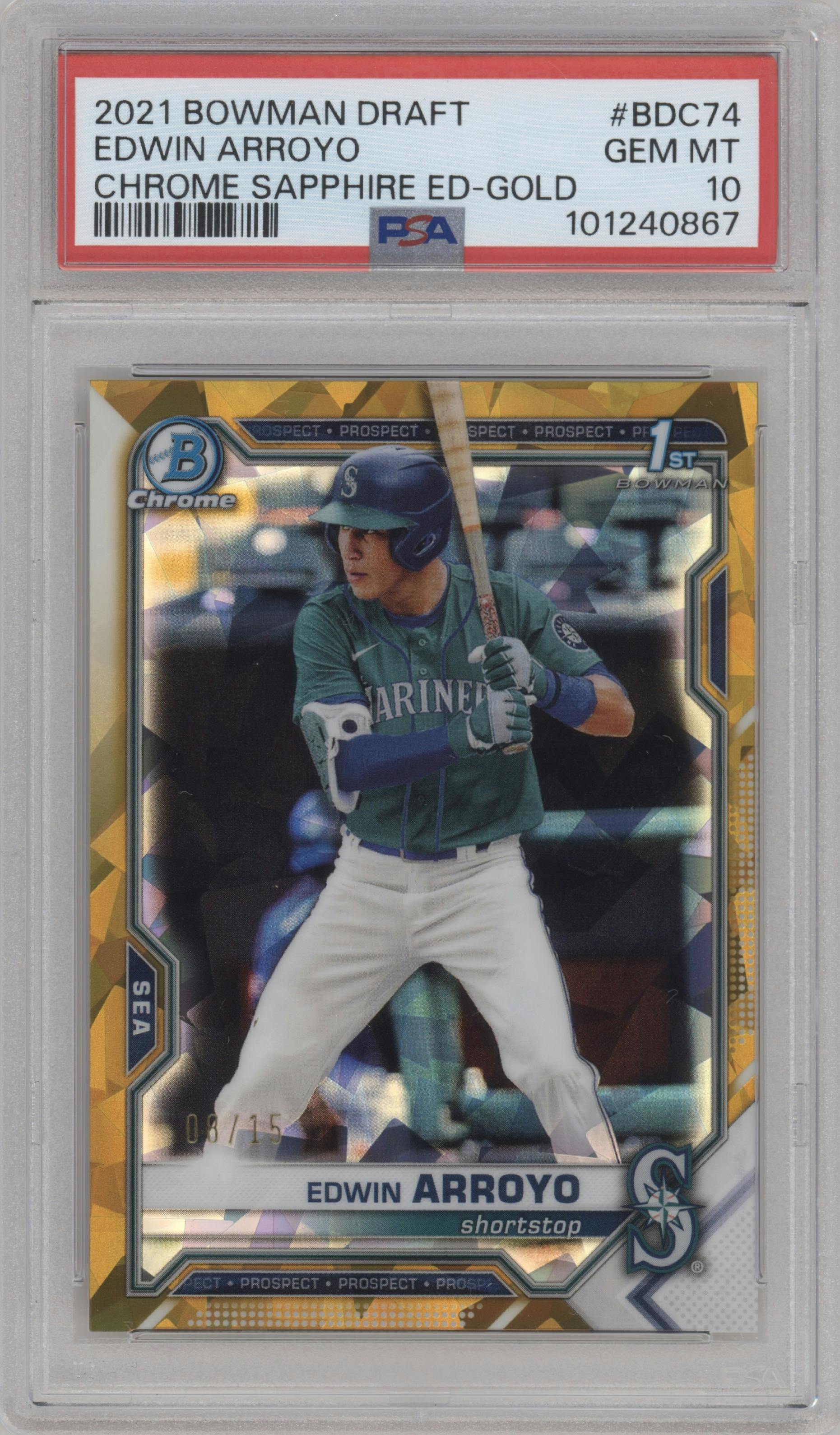 Edwin Arroyo from the 2021 Bowman Draft Sapphire Edition set featuring a Gold parallel graded by PSA and given an overall grade of 10.